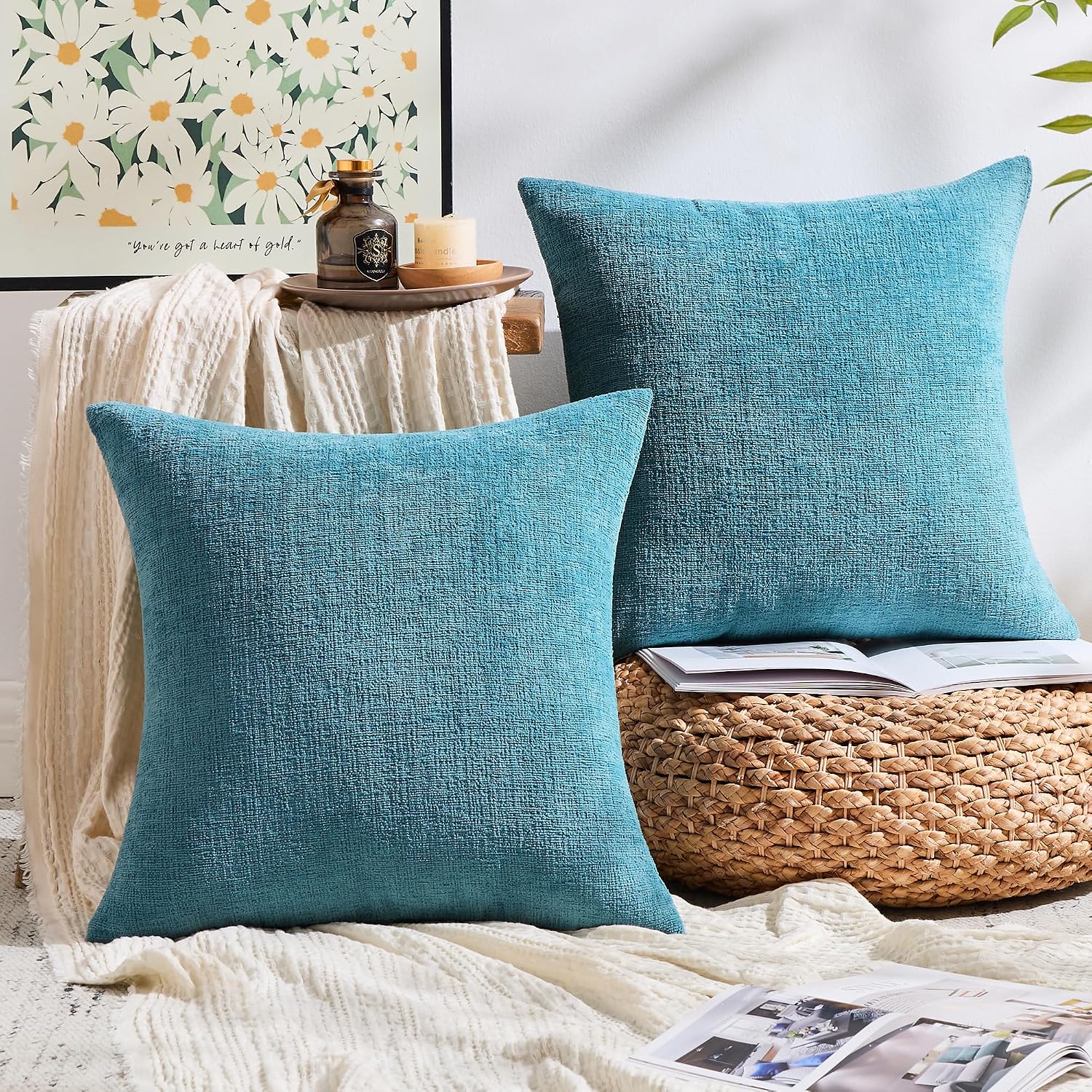 Gawamay Set of 2 Soft Textured Chenille Throw Pillow Covers 20x20 Inch (50x50 CM), Decorative Pillowcases Cushion Covers for Farmhouse Home…