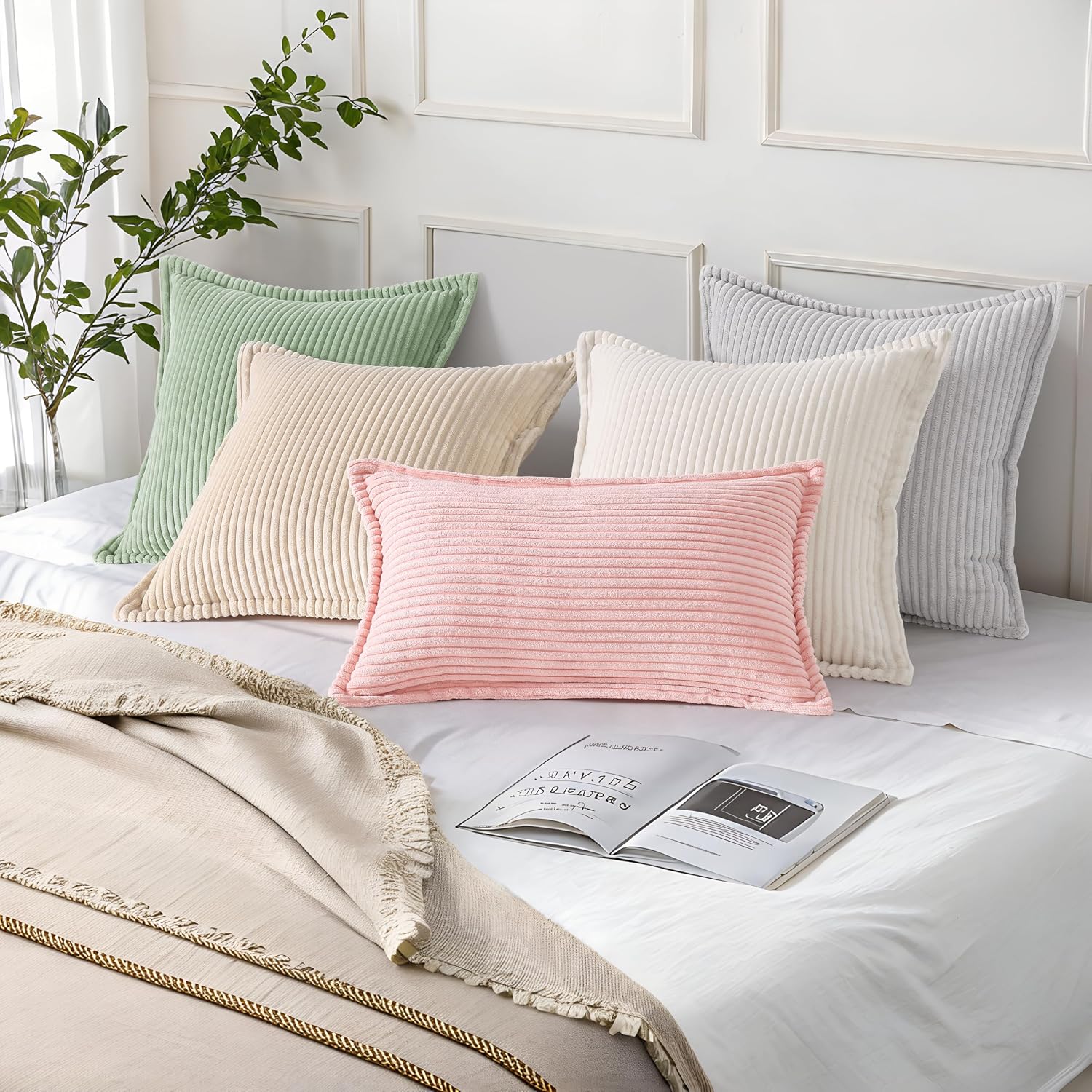 Mecatny Corduroy Summer Throw Pillow Covers 12x20 Set of 2, Neutral Decorative Soft Boho Lumbar Couch Pillow Covers with Broadside for…