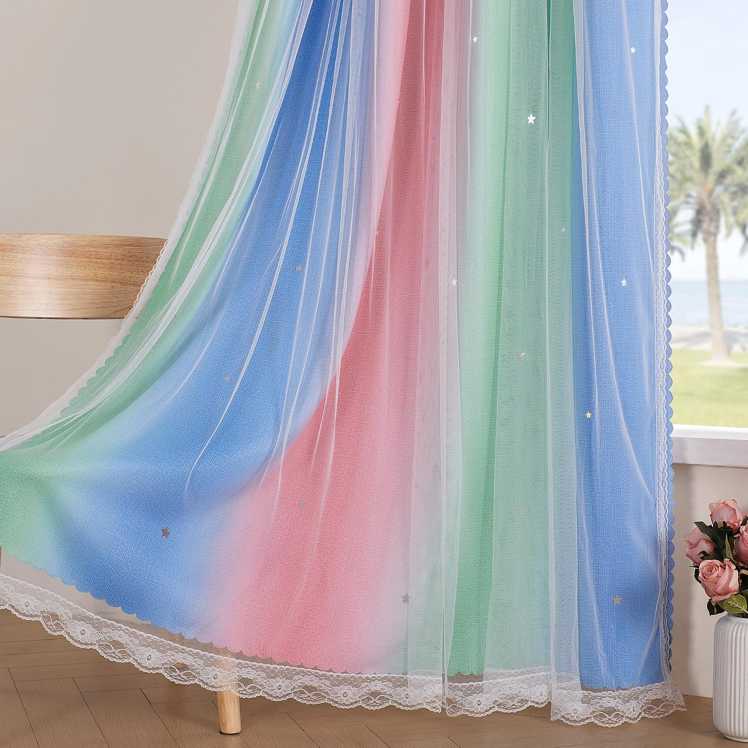 Addsomecolortolife XiDi Pink & Rainbow Curtains for Kids & Girl Rooms - Blackout, Unicorn Wall Decals, 52x84 Inch 1.6 inch Pink