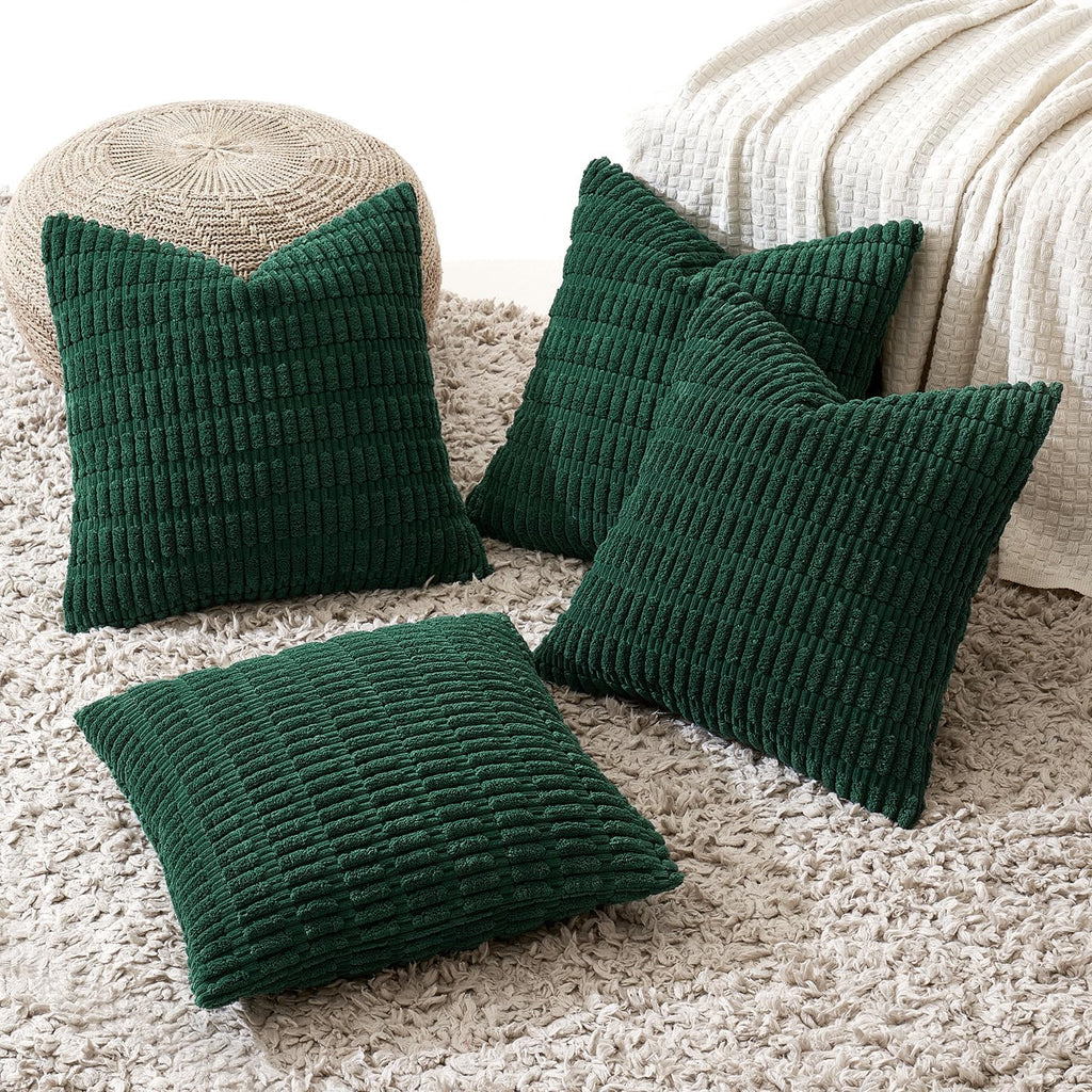 Miulee Pack of 4 Christmas Dark Green Corduroy Decorative Throw Pillow Covers 18x18 Inch Soft Boho Striped Pillow Covers Modern Farmhouse H…