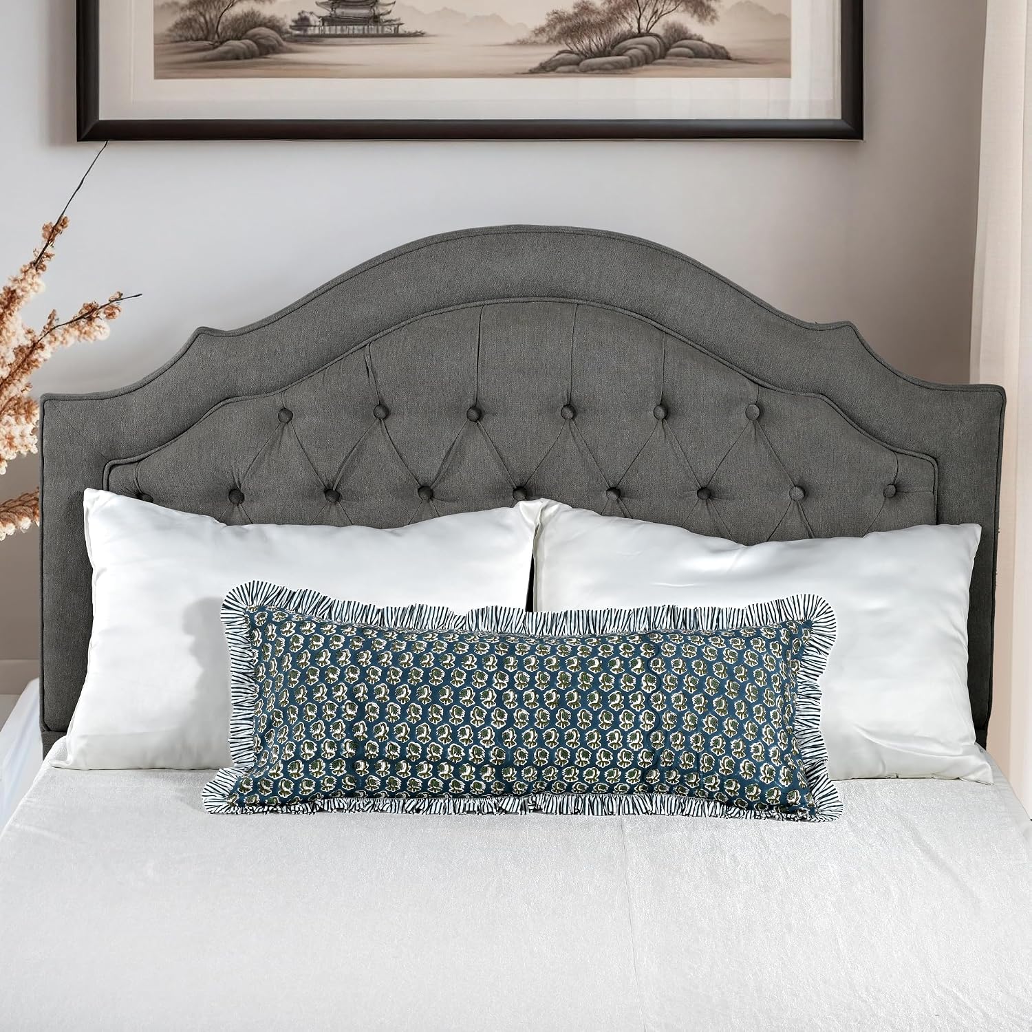 Ridhi Block Print Peacock Blue 36"x14" Set 1-100% Cotton Ruffle Lumbar Sham Cover Boho Floral Pillowcase, Farmhouse Cottagecore Bedding…