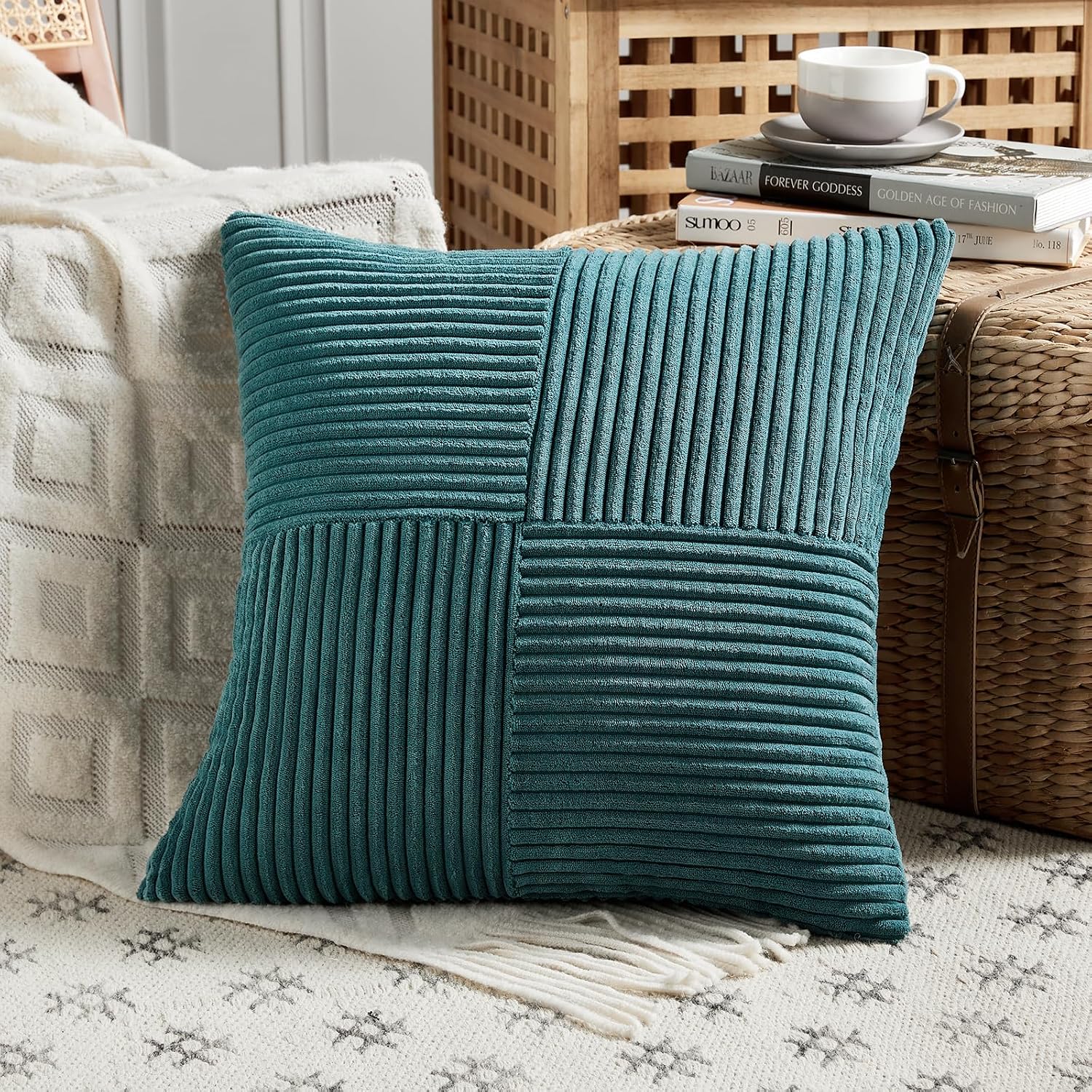 Fancy Homi 2 Packs Teal Big Decorative Throw Pillow Covers 24x24 Inch for Living Room Couch Bed, Rustic Farmhouse Boho Home Decor, Soft…