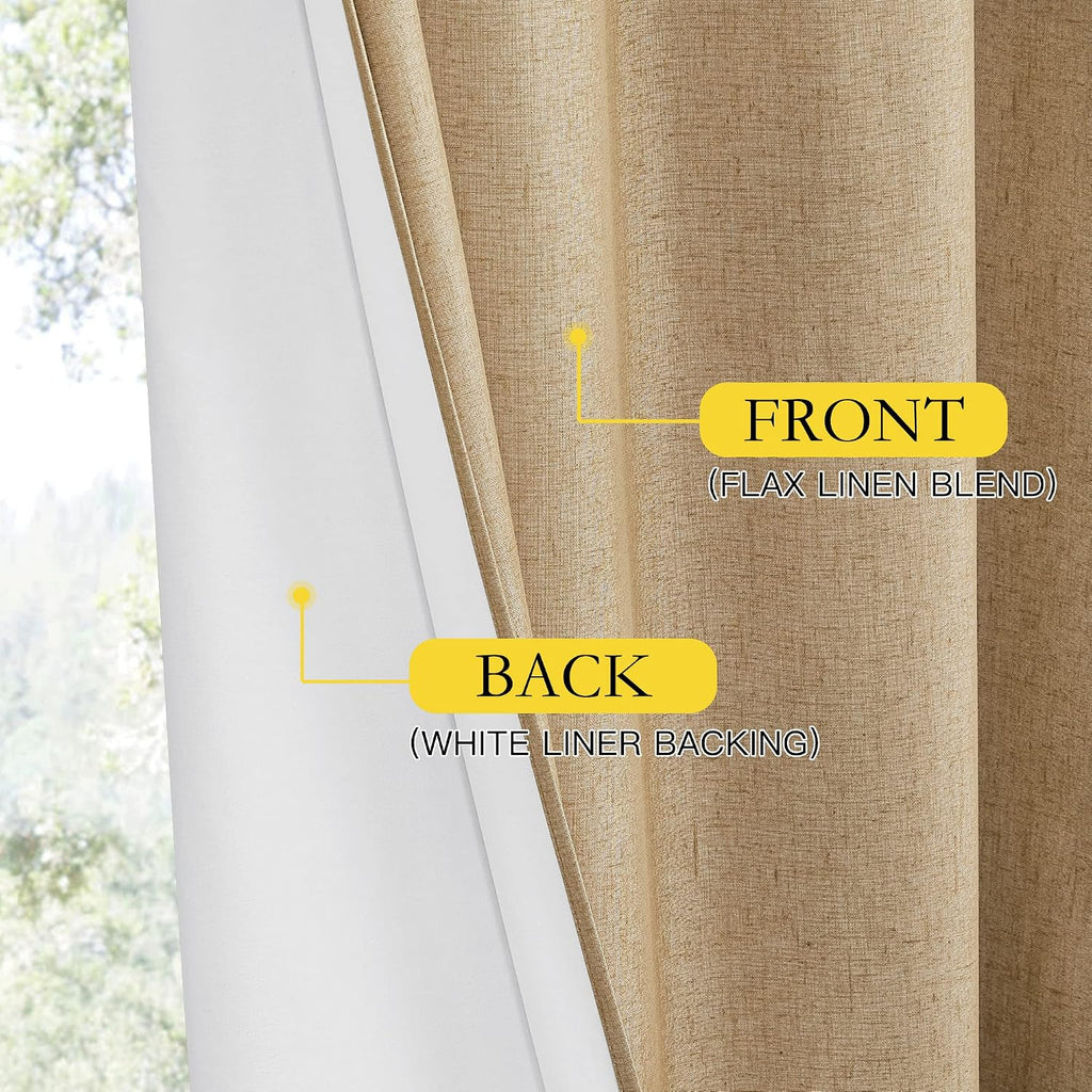 NICETOWN 100% Absolutely Blackout Linen Curtains with Thermal Insulated White Liner, Camel, W52 x L108, 2 Panels, Textured Linen Look…