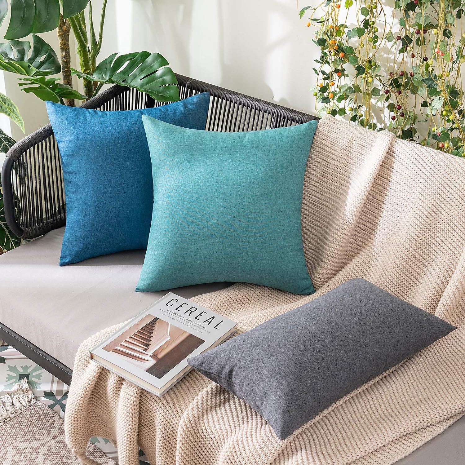 Miulee Pack of 2 Decorative Outdoor Solid Waterproof Throw Pillow Covers Euro Sham Faux Linen Garden Farmhouse Coastal Cushion Cases for Su…