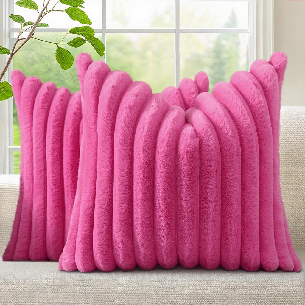 decorUhome Summer Cozy Faux Fur Throw Pillow Covers 16x16 Set of 2 Decorative Soft Plush Striped Modern Farmhouse Boho Couch Pillow Cases w…