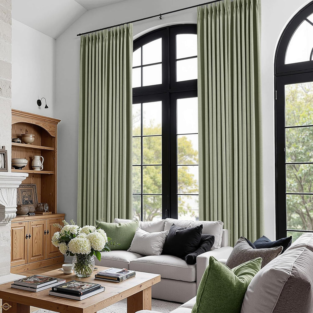 Boodii Sage Green 96 Inch 100% Blackout Linen Pinch Pleated Curtains for Bedroom Living Room 2 Panels Set Room Darkening Farmhouse Boho Bac…