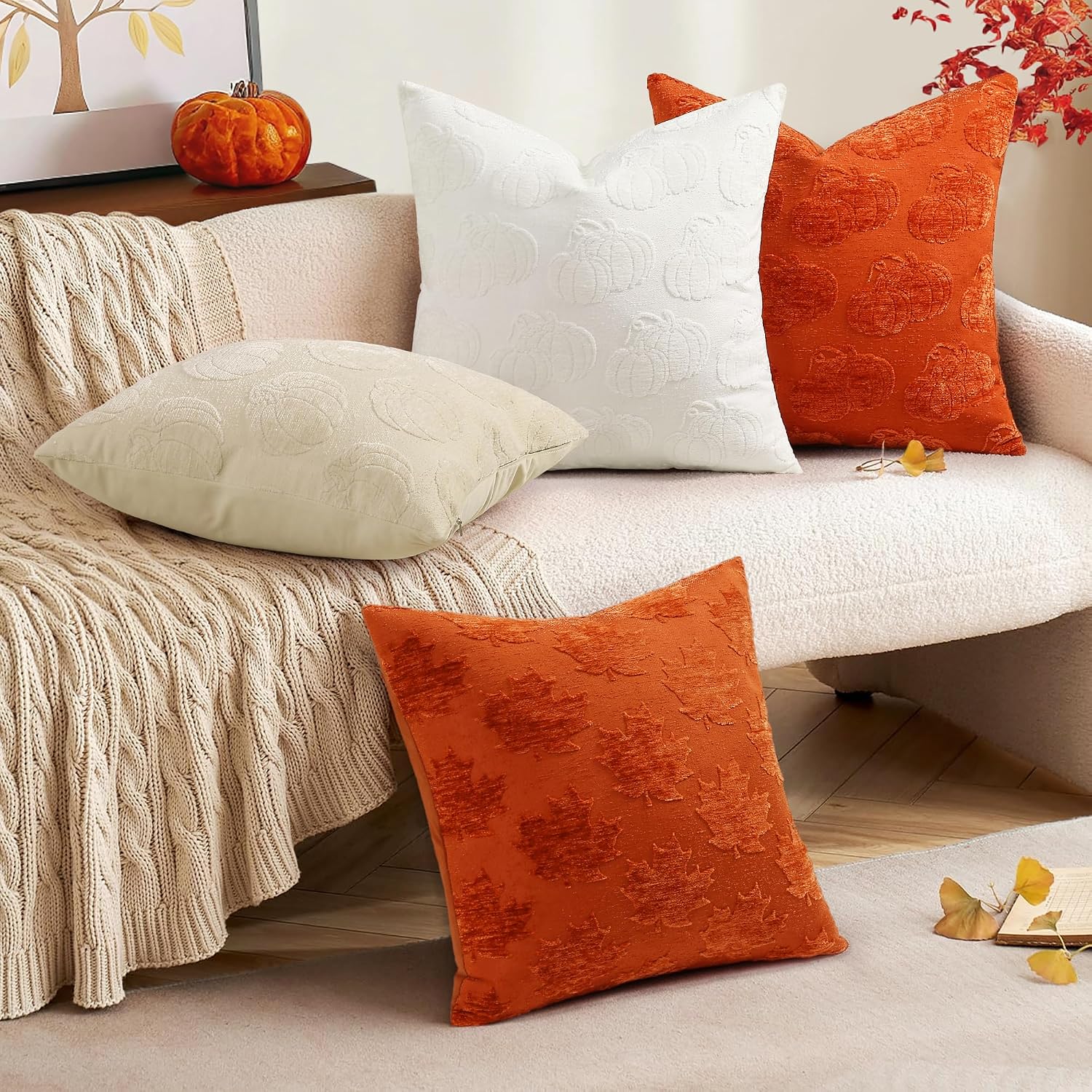 decorUhome Decorative Two Rust Pumpkins Thanksgiving Throw Pillow Covers 18x18 Set of 2, Soft Chenille Jacquard Farmhouse Textured Pillow…