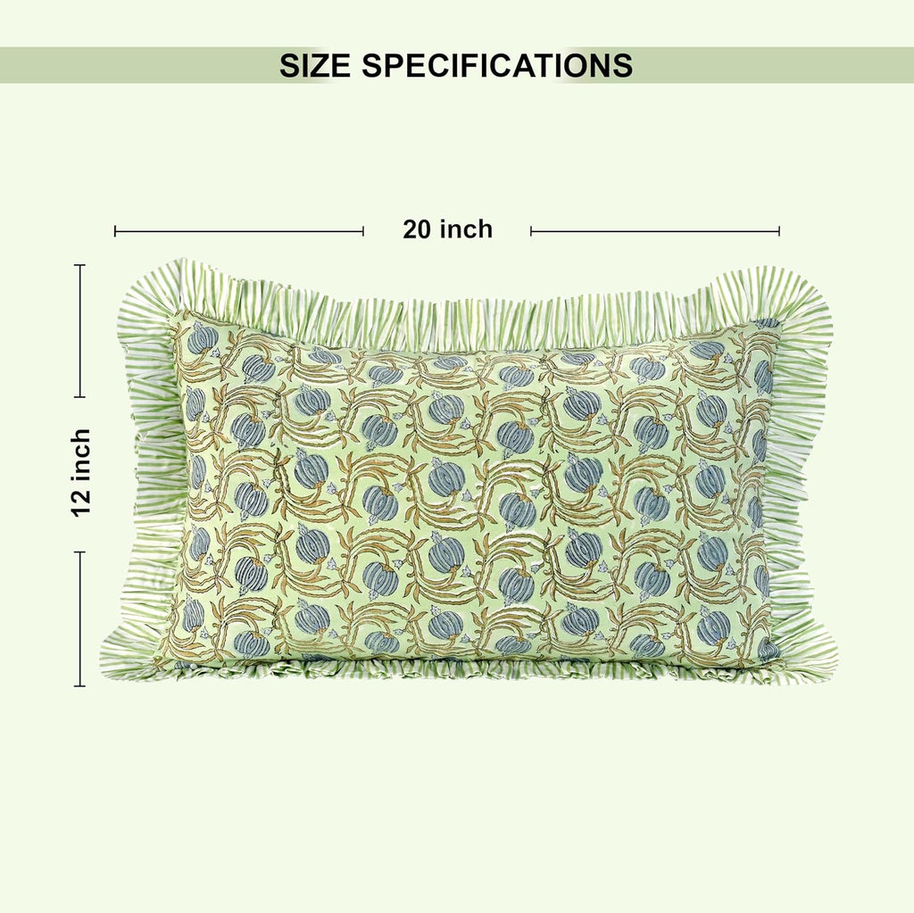 Ridhi Block Print Apple Green Floral 20"x12" Set 1-100% Cotton Ruffle Lumbar Sham Cover Boho Floral Pillowcase, Farmhouse Cottagecore…