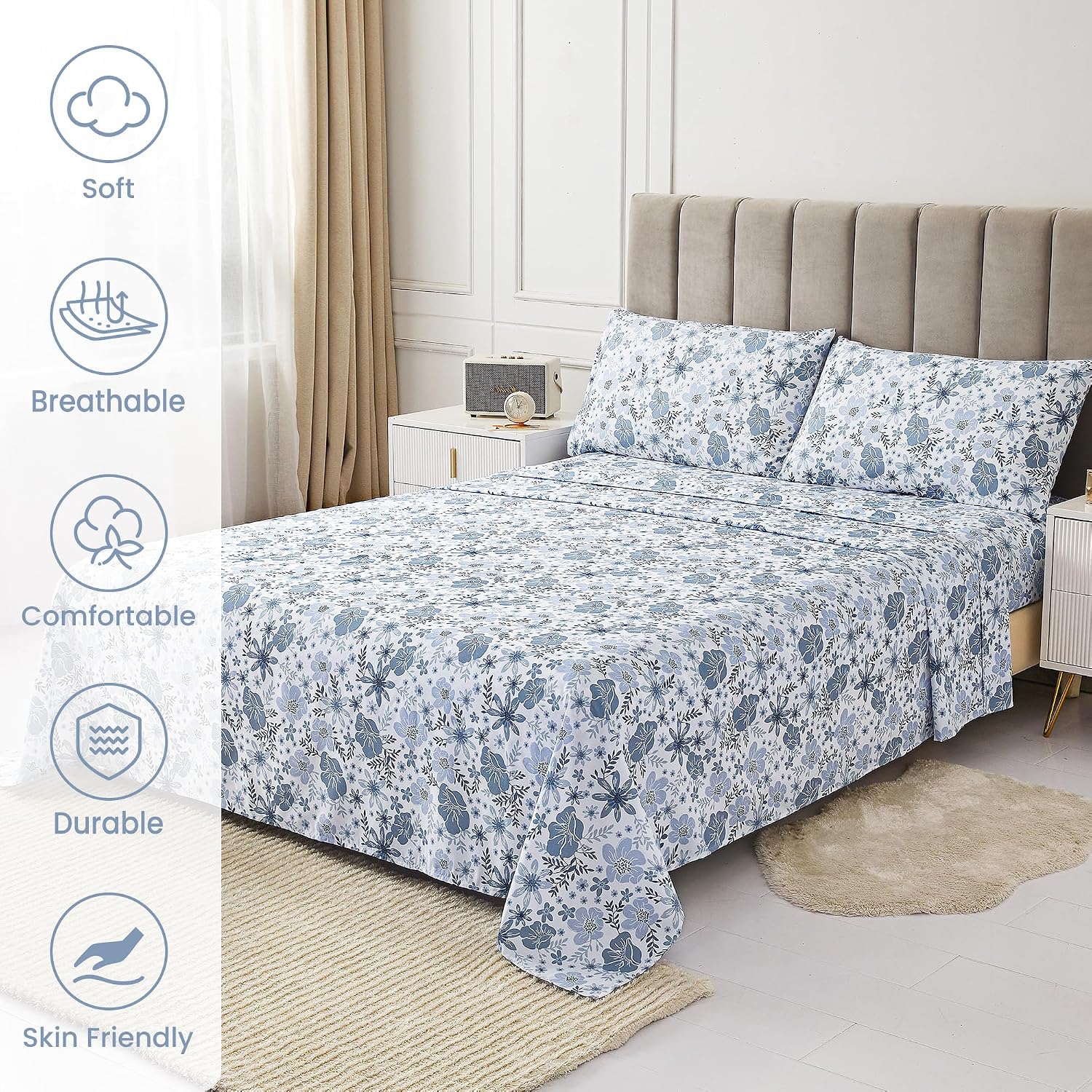 mooreeke Full Size Sheets Set - 4 Piece Soft Breathable Microfiber Bed Sheet Set - Blue & White Flower Pattern Sheet Set Full - Deep Pocket…
