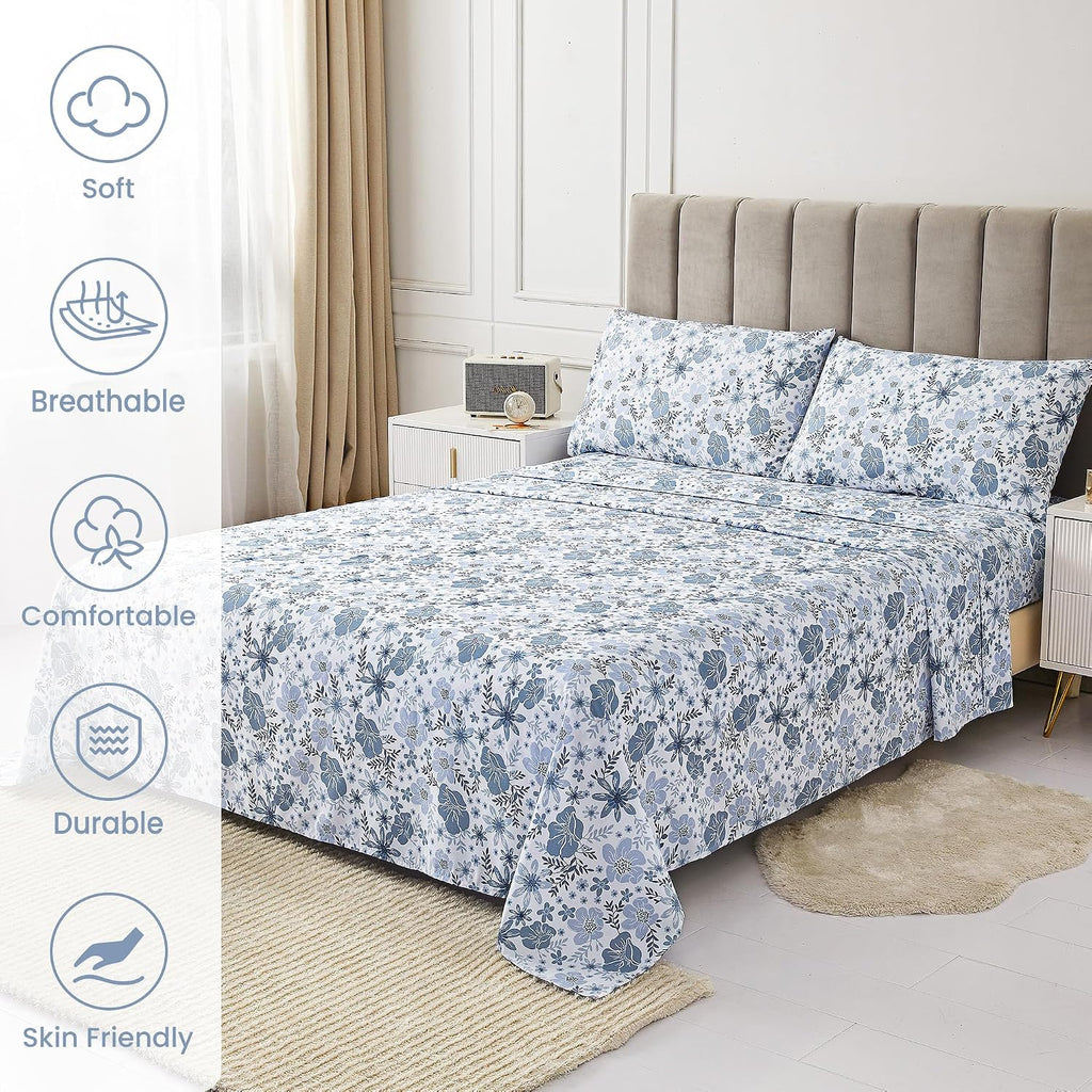 mooreeke King Size Sheets Set - 4 Piece Soft Breathable Microfiber Bed Sheet Set - Blue & White Flower Pattern Sheet Set King - Deep Pocket…