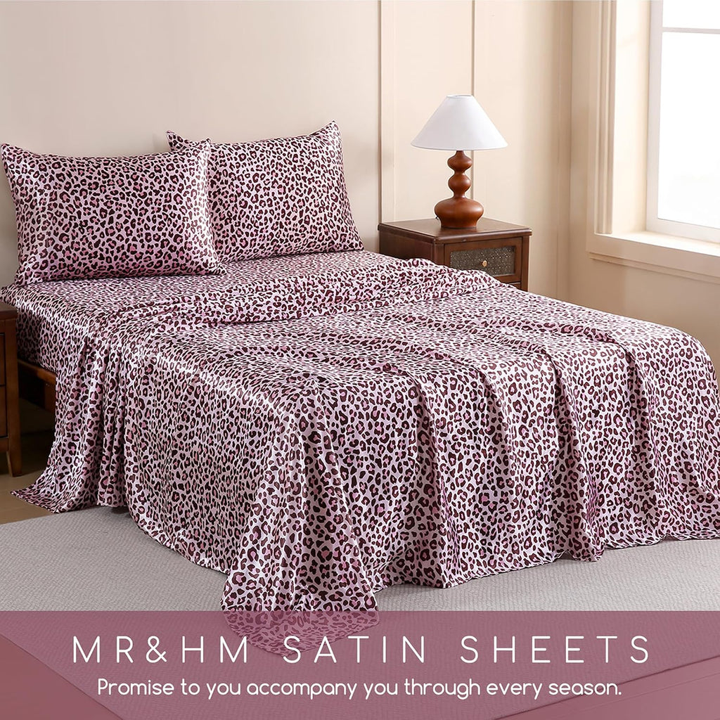 MR&HM Satin Bed Sheets, California King Size Sheets Set, 4 Pcs Silky Bedding Set with 15 Inches Deep Pocket for Mattress (California K…