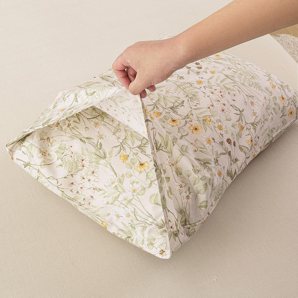 ECOCOTT Floral Pillowcases Queen Size 2 Pack, 100% Washed Cotton Pillow Cases with Envelope Closure, Green Botanical Wildflower Printed…