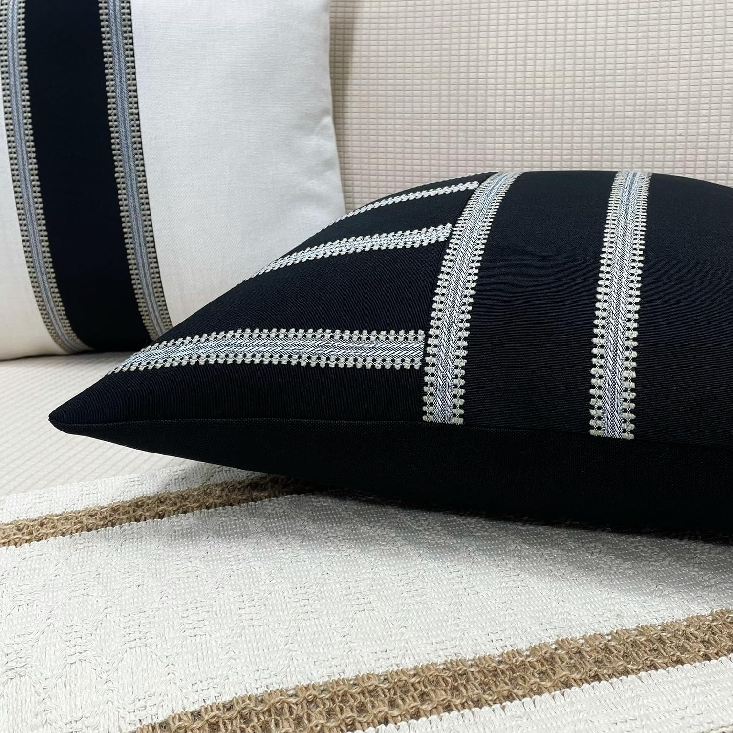 Slow Cow Linen Black and Off White Jacquard Textured Woven Stripe Patchwork Throw Pillow Cover Square 18 x 18 Inches