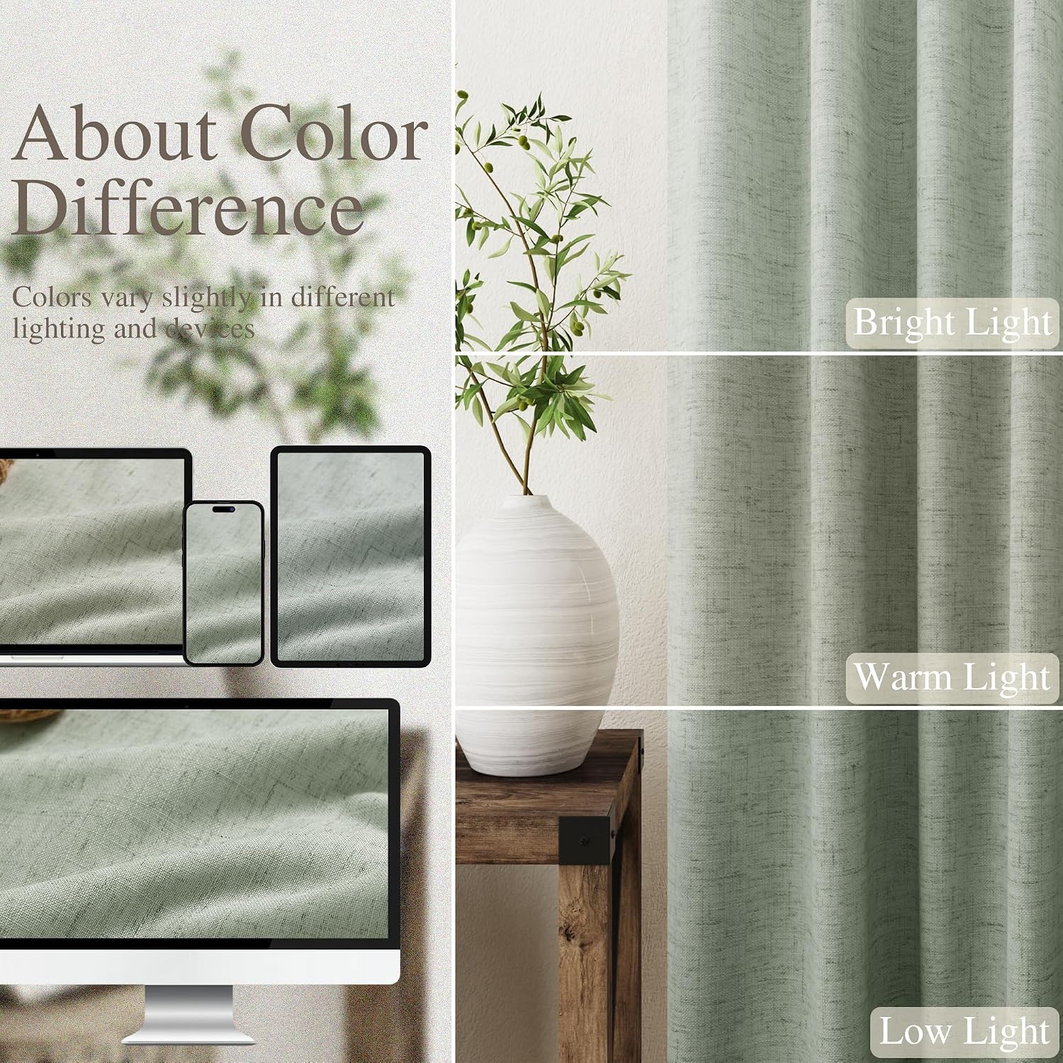 Nanspring Desert Sage 100% Blackout Linen Curtains for Bedroom 90 Inches Long Back Tab Thermal Insulated Modern Farmhouse Decor Black Out C…