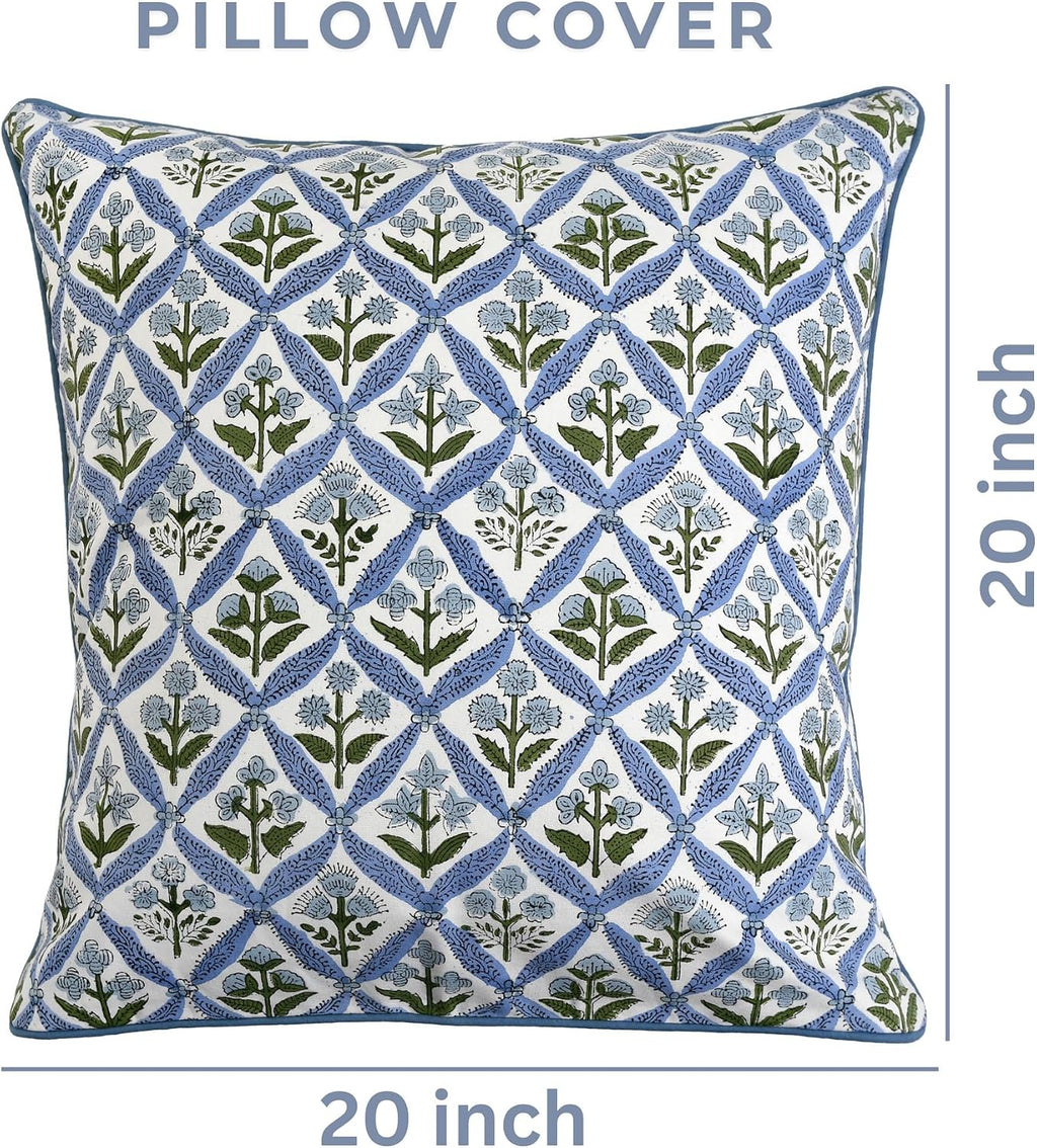 Ridhi Block Print Light Steel Blue Pillow Cover 20" x 20" (Pack of 2) Decorative Couch Pillows for Living Room, Chic Boho Cute Outdoor Pill…