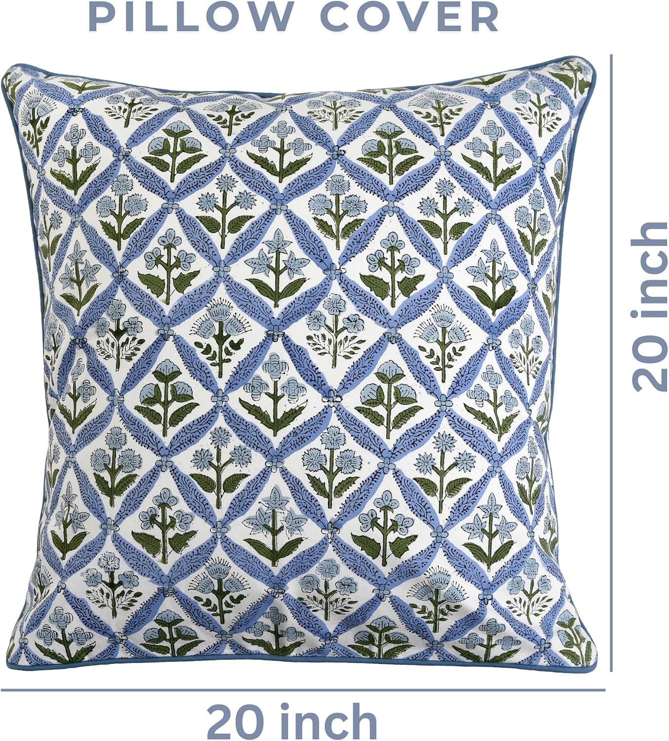 Ridhi Block Print Light Steel Blue Pillow Cover 20" x 20" (Pack of 2) Decorative Couch Pillows for Living Room, Chic Boho Cute Outdoor Pill…