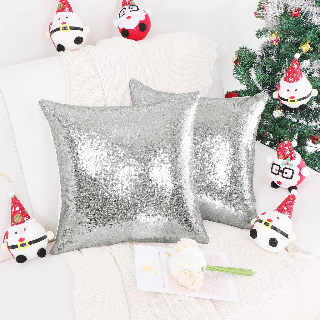 uxcell 2 Pcs Silver Tone Sequin Throw Pillow Covers, Shiny Sparkling Comfy Satin Sequin Cushion Covers, Decorative Pillowcases for…