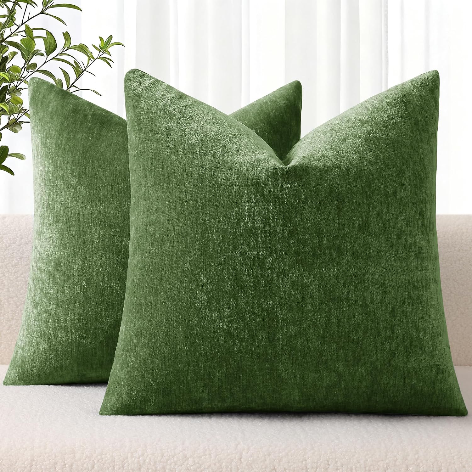 decorUhome Chenille Moss Green Throw Pillow Covers 24x24 Inch Set of 2, Decorative Soft Couch Pillow Covers Solid Dyed Accent Farmhouse Neu…