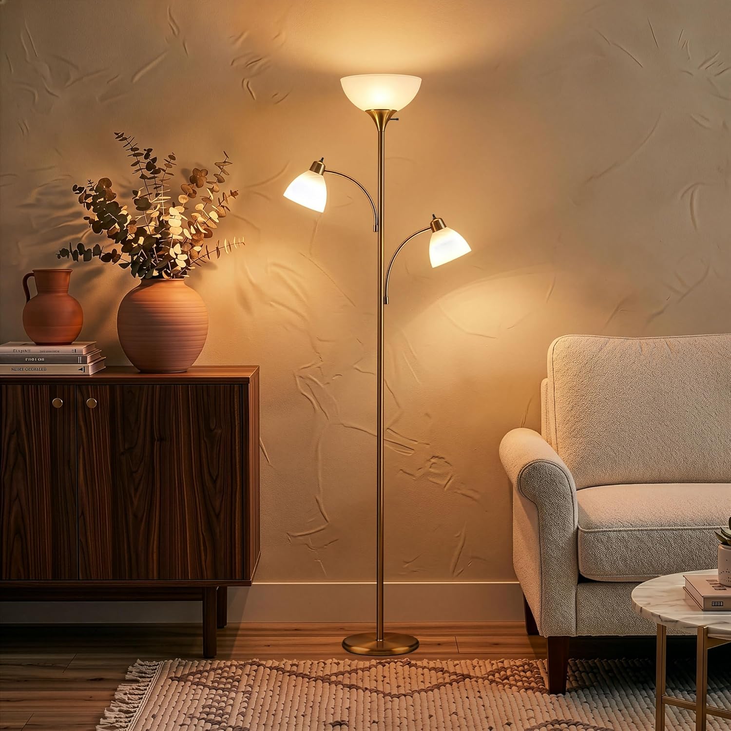 Brightech Sky Dome Double LED Floor lamp, Torchiere Super Bright Floor Lamp with 2 Reading Lamps for Living Rooms & Offices - Dimmable…