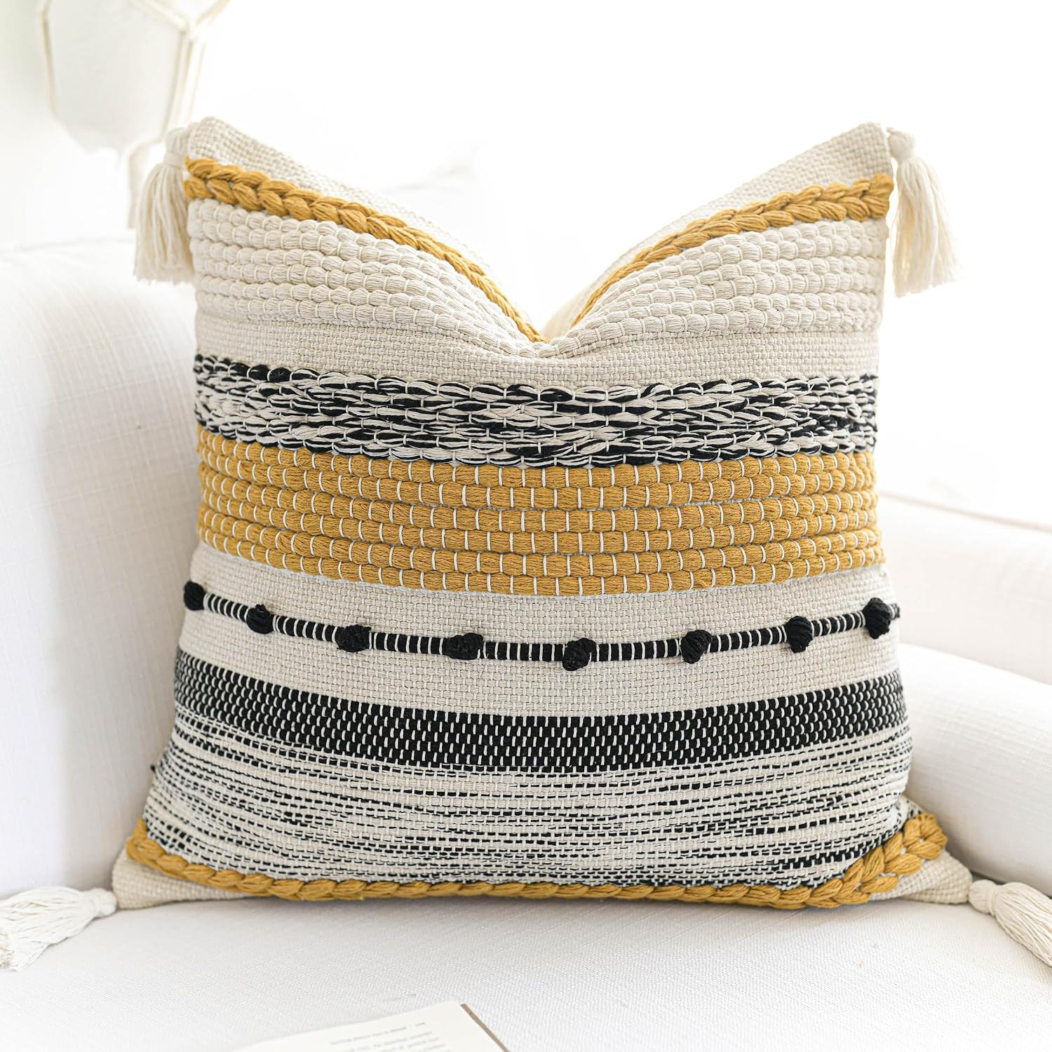 BlissBlush Yellow Mustard Decorative Throw Pillow Cover 18x18 Square Boho Accent Pillowcase Tassels Farmhouse Cushion for Couch Sofa…
