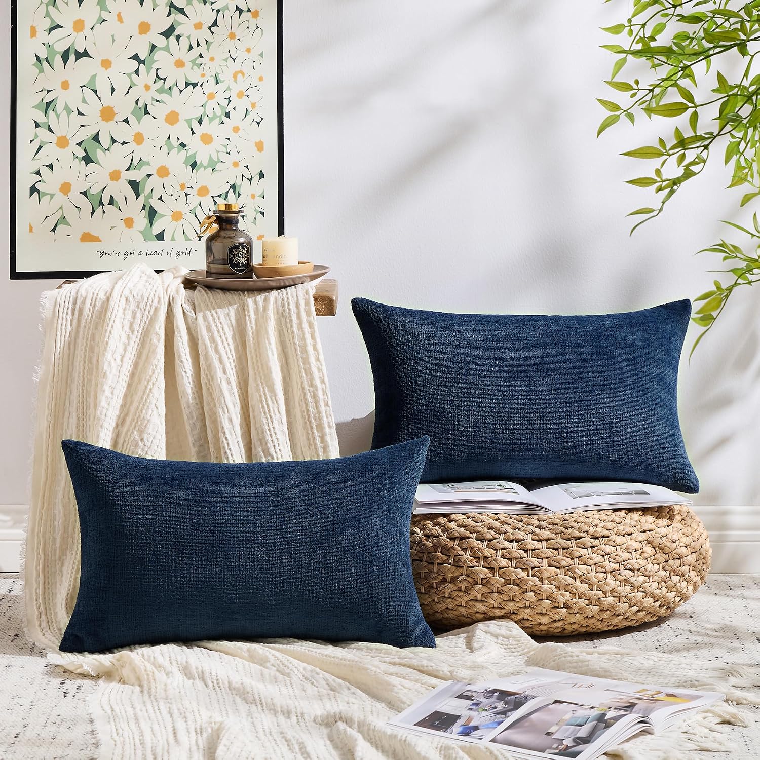 Gawamay Set of 2 Decorative Lumbar Soft Chenille Throw Pillow Covers 12x20 Inch (30x50 CM), Boho Farmhouse Cushion Cases, Couch Pillow Cove…