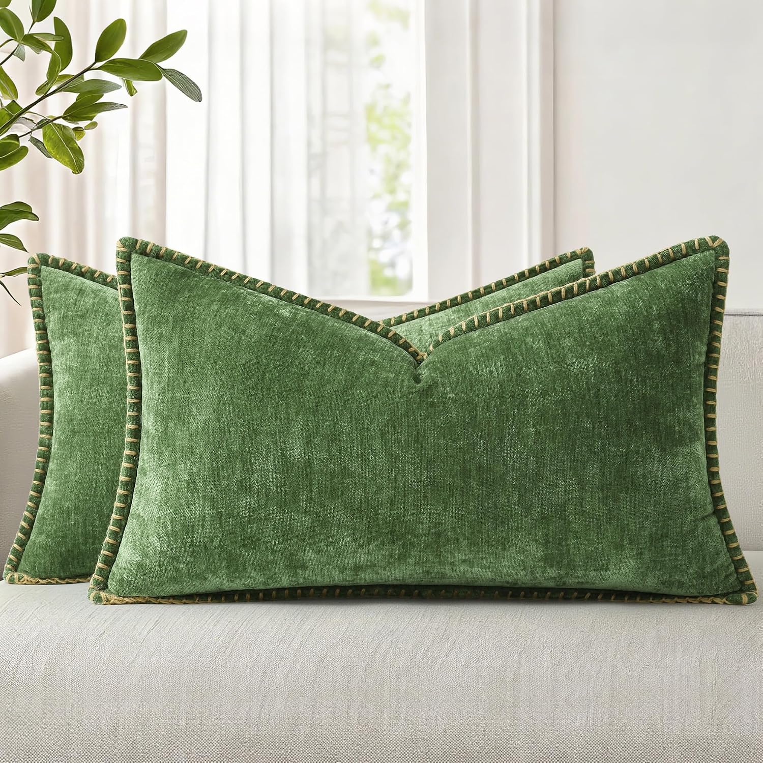 decorUhome Chenille Soft Cozy Throw Pillow Covers 12x20 Set of 2, Modern Farmhouse Boho Velvet Decorative Pillow Cases with Stitched Edge f…