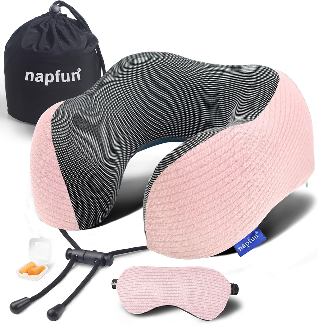 napfun Neck Pillow for Travel with Travel Pouch, Sleep Mask & Earplugs, Memory Foam Airplane Pillow for Headrest Sleep with Eyeshades…