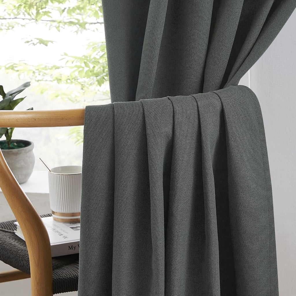 Keqiaosuocai 100% Blackout Linen Curtains, Full Shade Complete Light Blocking Drapes Back Tab Rod Pocket Hook Belt, Textured Thermal Insula…