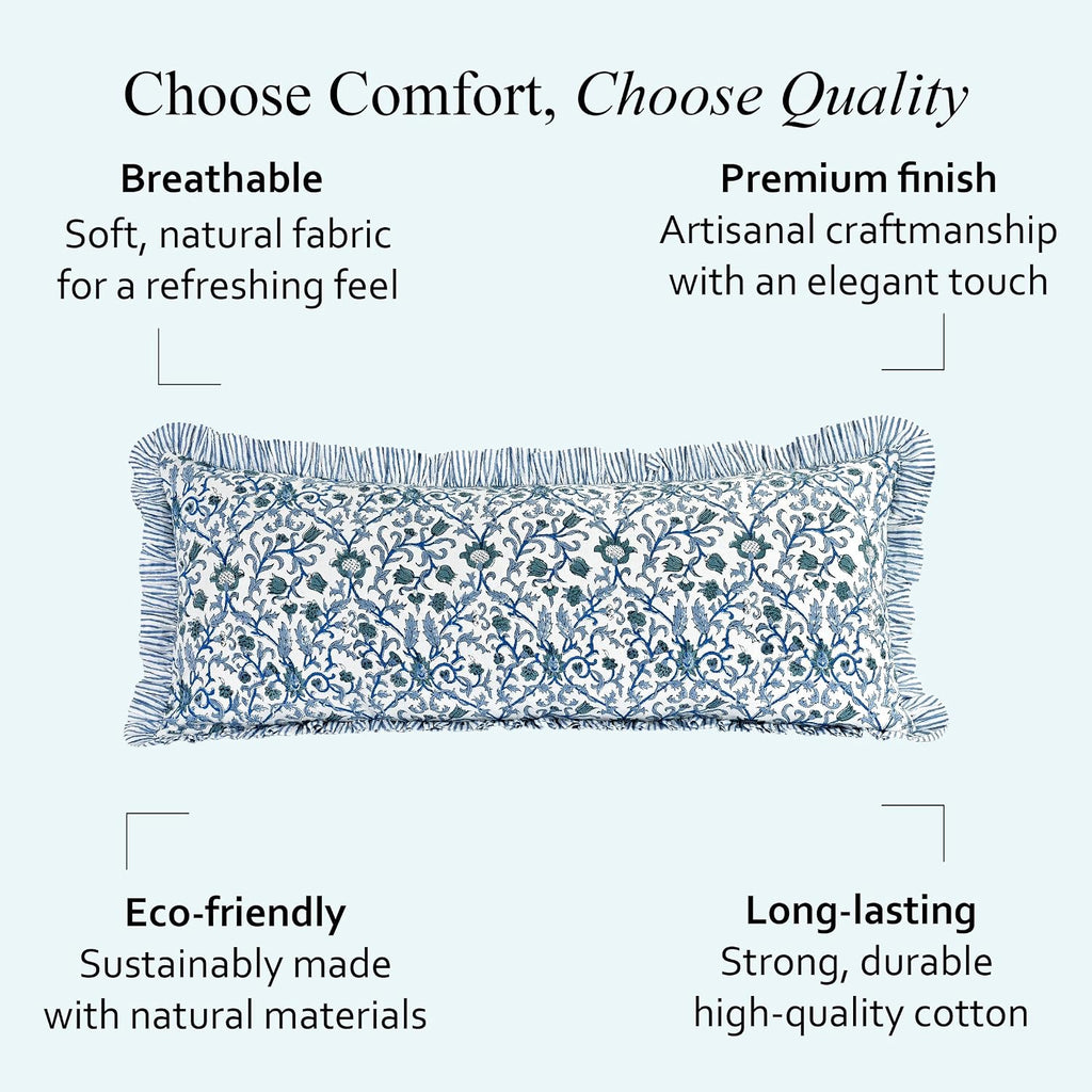 Cottonprintclub CPC Hand Block Print Ocean Vine Ruffle Sham Pillow Cover 36" x 14" inch Hidden Zipper Decorative Pillowcase for Couch, Bed,…