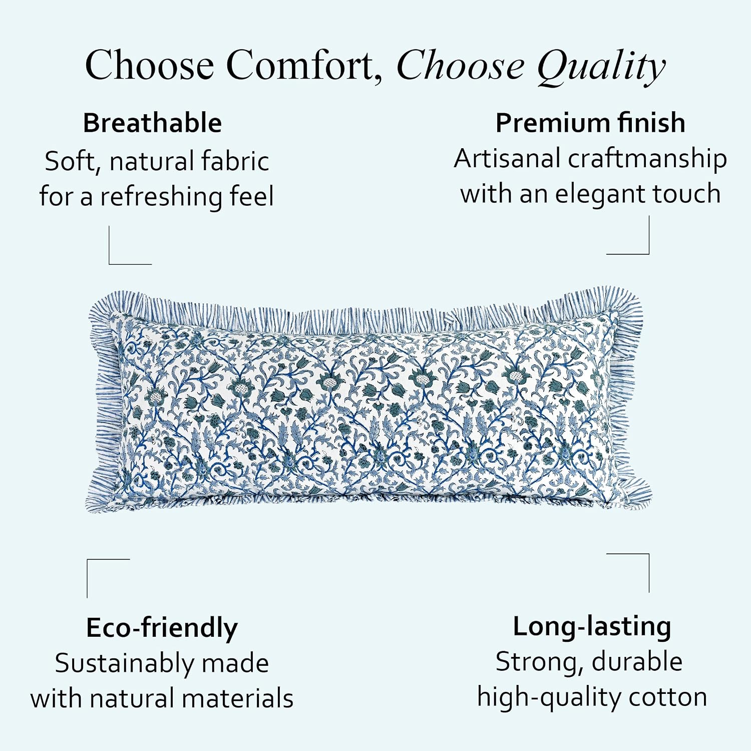 Cottonprintclub CPC Hand Block Print Ocean Vine Ruffle Sham Pillow Cover 36" x 14" inch Hidden Zipper Decorative Pillowcase for Couch, Bed,…