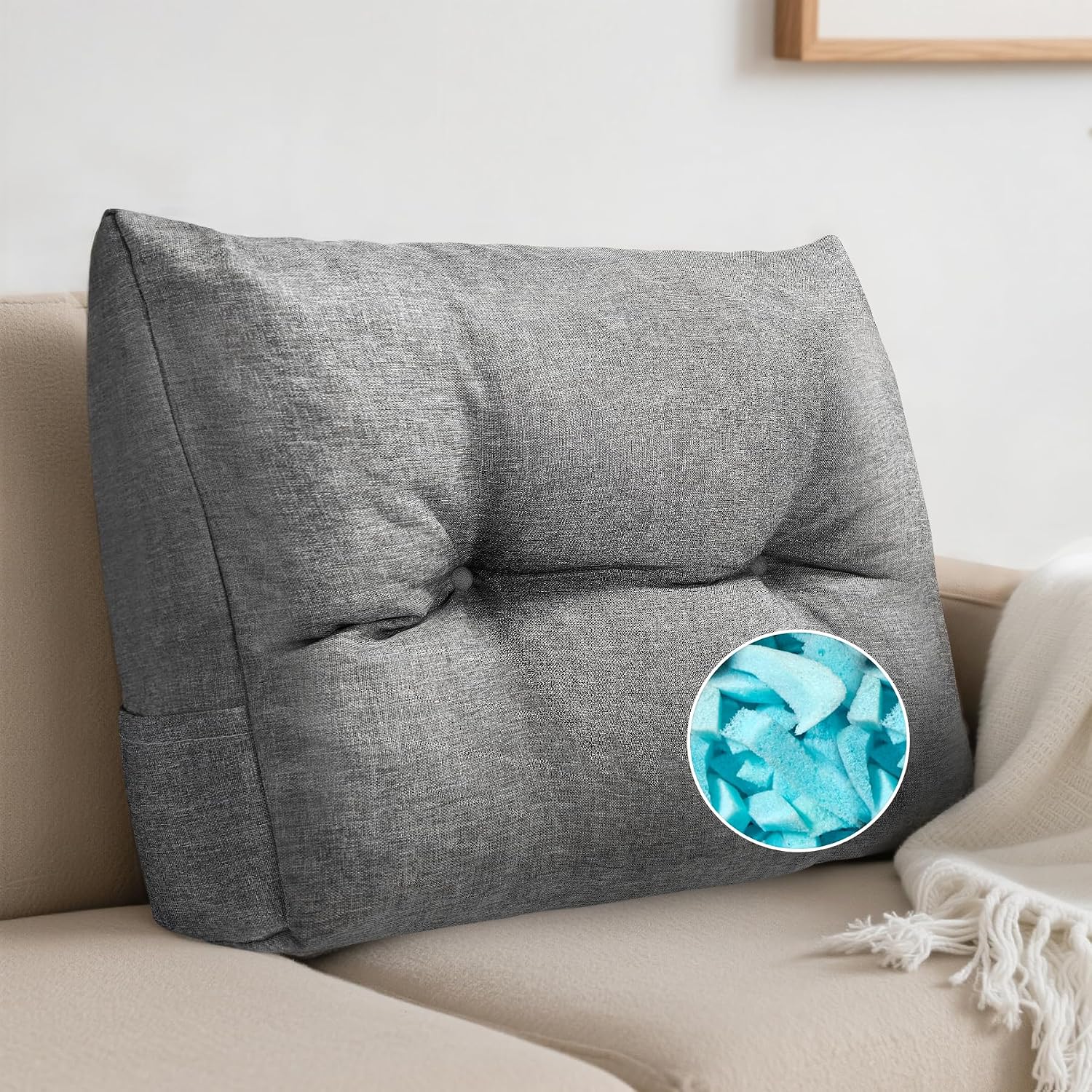 Back Cushion for Couch Wedge Lumbar Support Backrest Pillow with Shredded Foam Filled and Side Pocket Sofa Back Cushions for Sitting &…