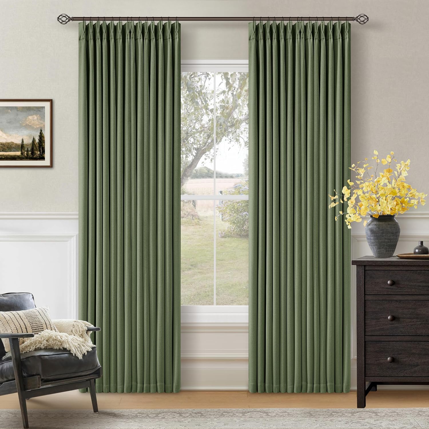 Twodrapes 86 Inch Olive Green Pleated Blackout Curtains 2 Panels Set for Bedroom Living Room Darkening 100% Black Out Memory Trained Farmho…