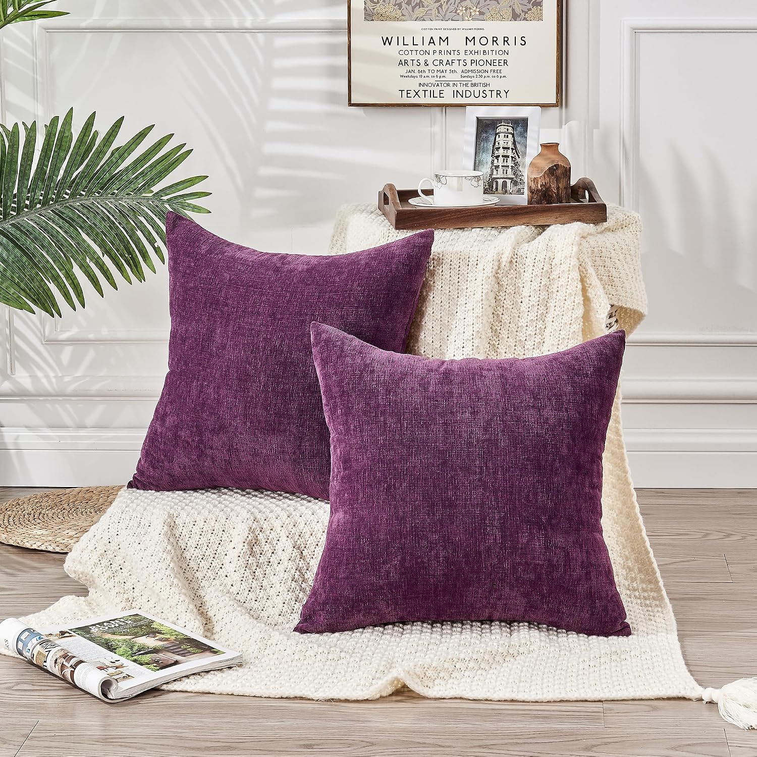 Gawamay Decorative Chenille Throw Pillow Covers 24x24 Inch Pack of 2, Soft Square Couch Pillow Cover for Sofa Cushion Living Room Bedroom S…