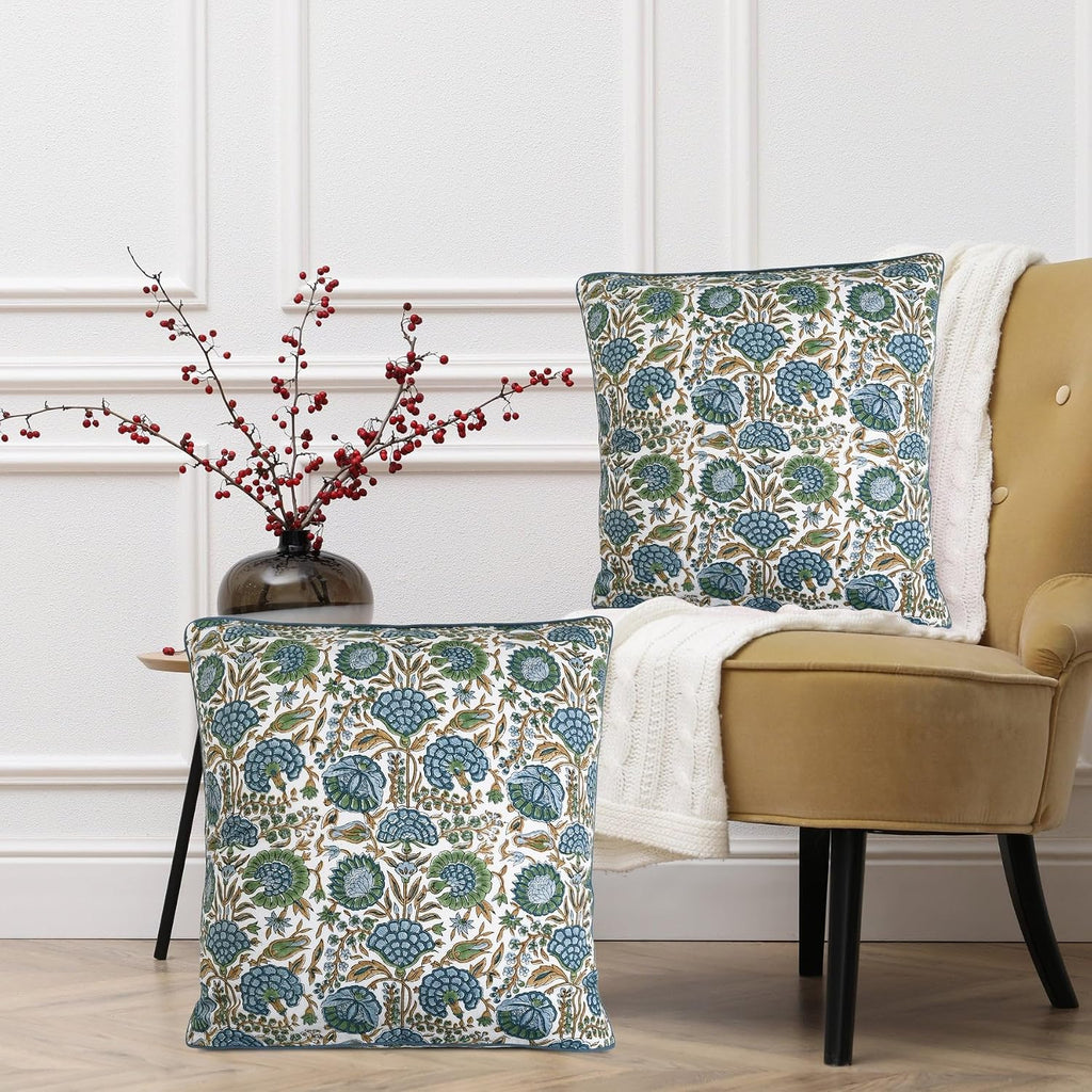 Ridhi Block Print Asparagus Green Pillow Cover 24" x 24" (Pack of 2) Decorative Couch Pillows for Living Room, Farmhouse Chic Boho Cute Out…