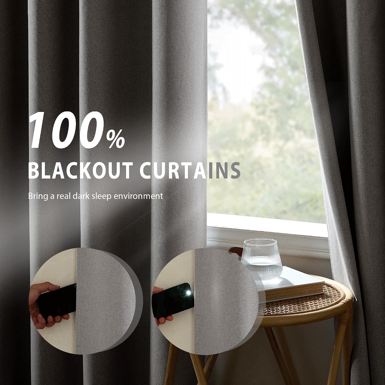 NICETOWN 100% Absolutely Blackout Faux Linen Curtains with Thermal Insulated White Liner, 52" W, 2 PCs, Light Grey, 95" Long Drapes Sweep…