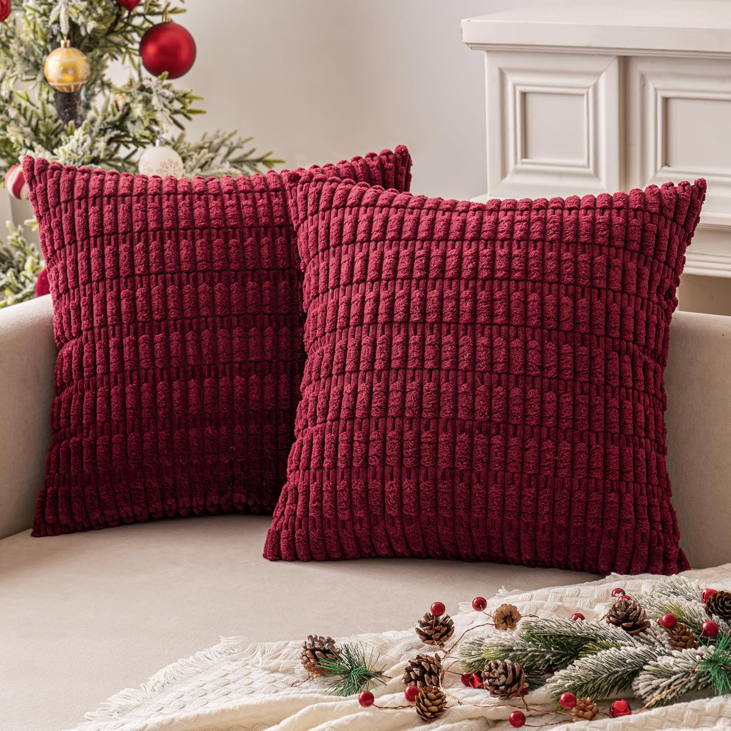 Miulee Pack of 2 Burgundy Corduroy Decorative Pillow Covers 18x18 Inch Soft Boho Striped Throw Pillow Covers Modern Farmhouse Home Decor fo…