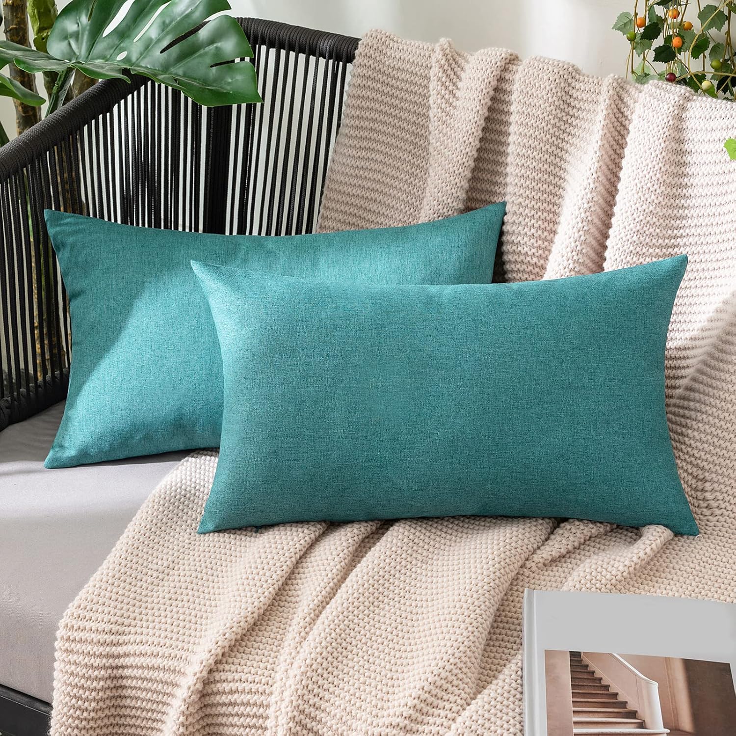 Miulee Pack of 2 Decorative Outdoor Solid Waterproof Throw Pillow Covers Faux Linen Garden Farmhouse Coastal Cushion Cases for Summer Patio…