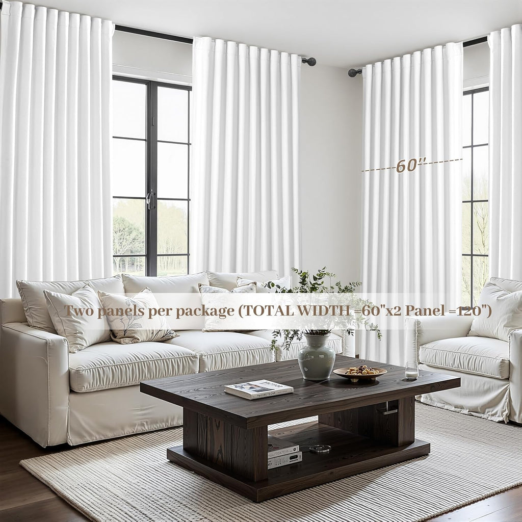 Qjmydeco Pure White Blackout Curtains 60 Inches Extra Wide Modern Linen 96 Inch Length for Living Room, Boho Pleated Farmhouse Bedroom Larg…