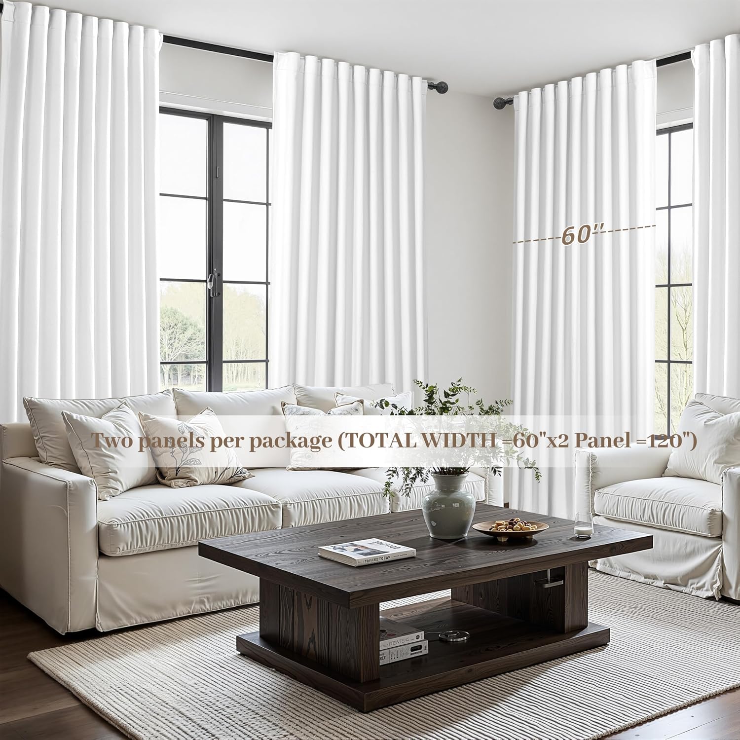 Qjmydeco Pure White Blackout Curtains 60 Inches Extra Wide Modern Linen 84 Inch Length for Living Room, Boho Pleated Farmhouse Bedroom Larg…
