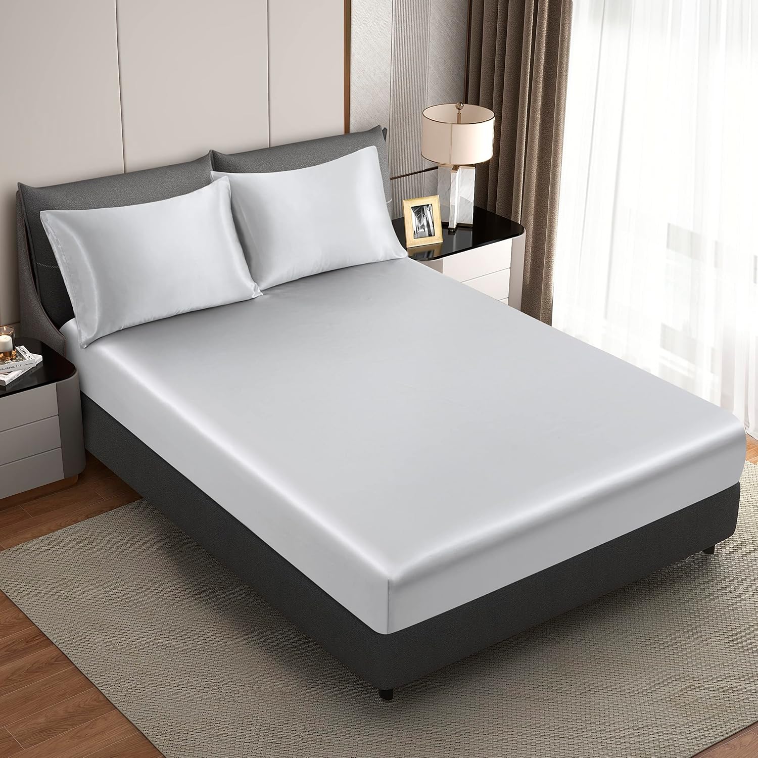 HommxJF King Size Satin Pillowcase Set of 2 with Envelope Closure, Light Gray Silk Pillowcase for Hair and Skin (20x36) Gray