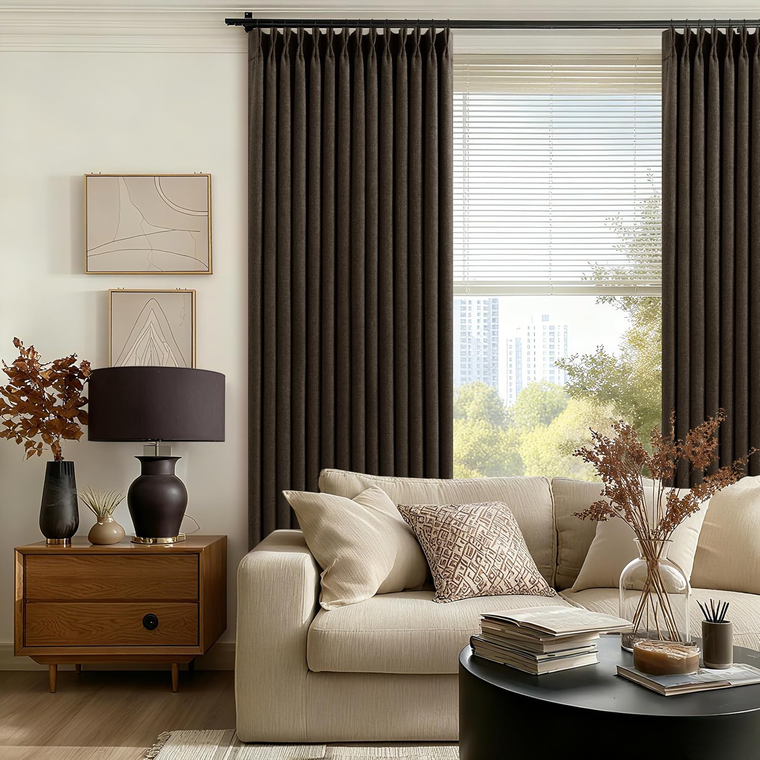 Twodrapes Dark Chocolate Pinch Pleated 100% Blackout Linen Bedroom Curtains 80 Inch Length Double Layer Pleat Curtains Ring Hooks Back Tab…