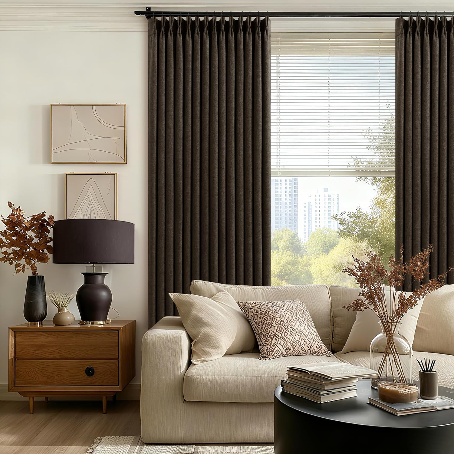 Twodrapes Dark Chocolate 100 Inch Linen Pleated Blackout Long Curtains for Living Room Memory Trained Dual Layer Heavy Burlap Curtain Sound…