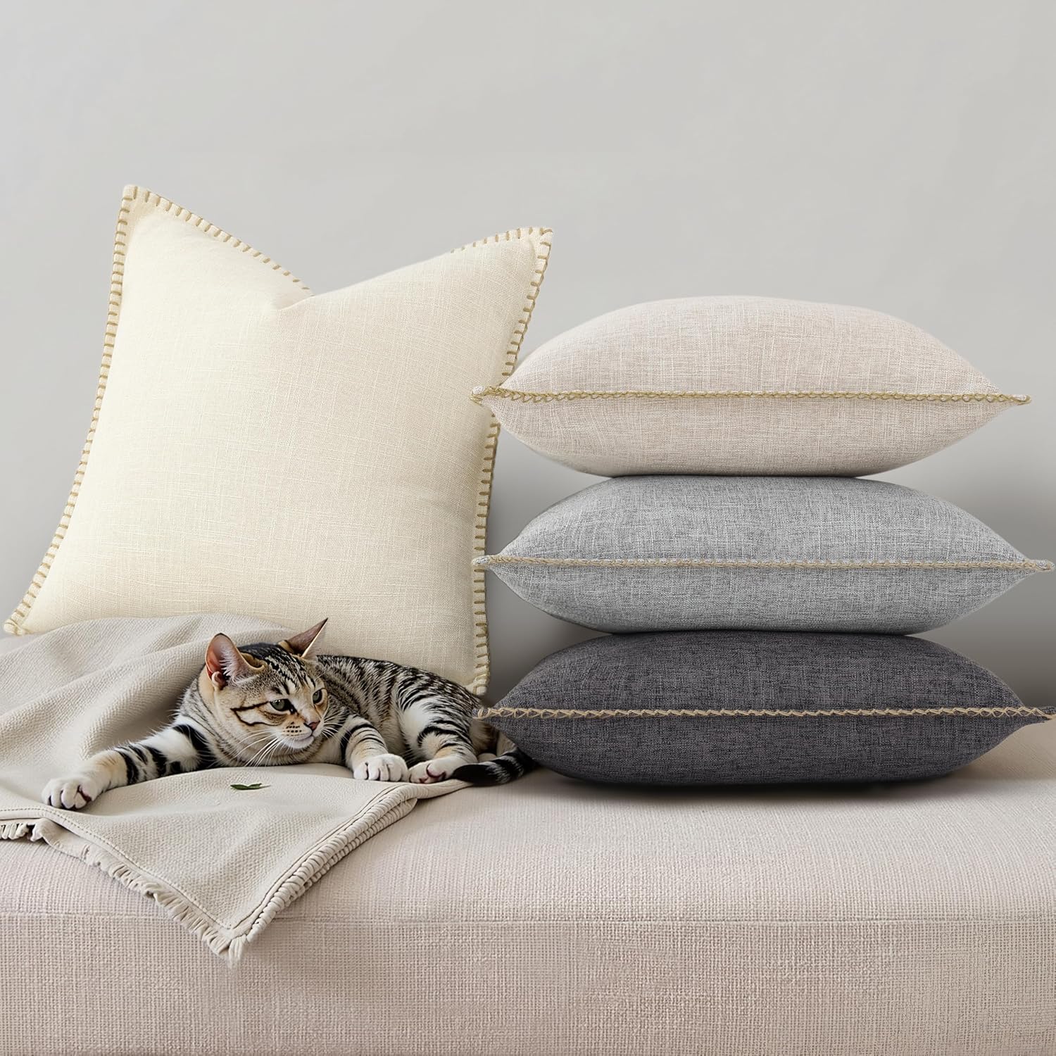 decorUhome Summer Decorative Throw Pillow Covers 24x24 Set of 2 Faux Linen Farmhouse Euro Sham Pillow Covers with Stitched Edge Outdoor…