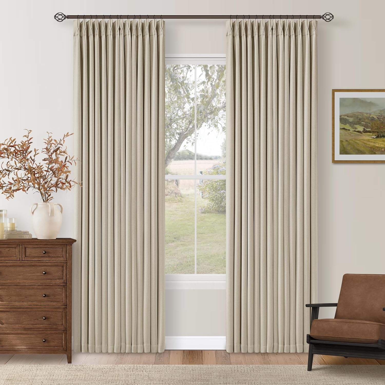 Twodrapes Neutral Oatmeal Pinch Pleated 100% Blackout Linen Curtains 80 Inch Length 2 Panels Set Pinch Pleat Curtains Black Out Light Block…