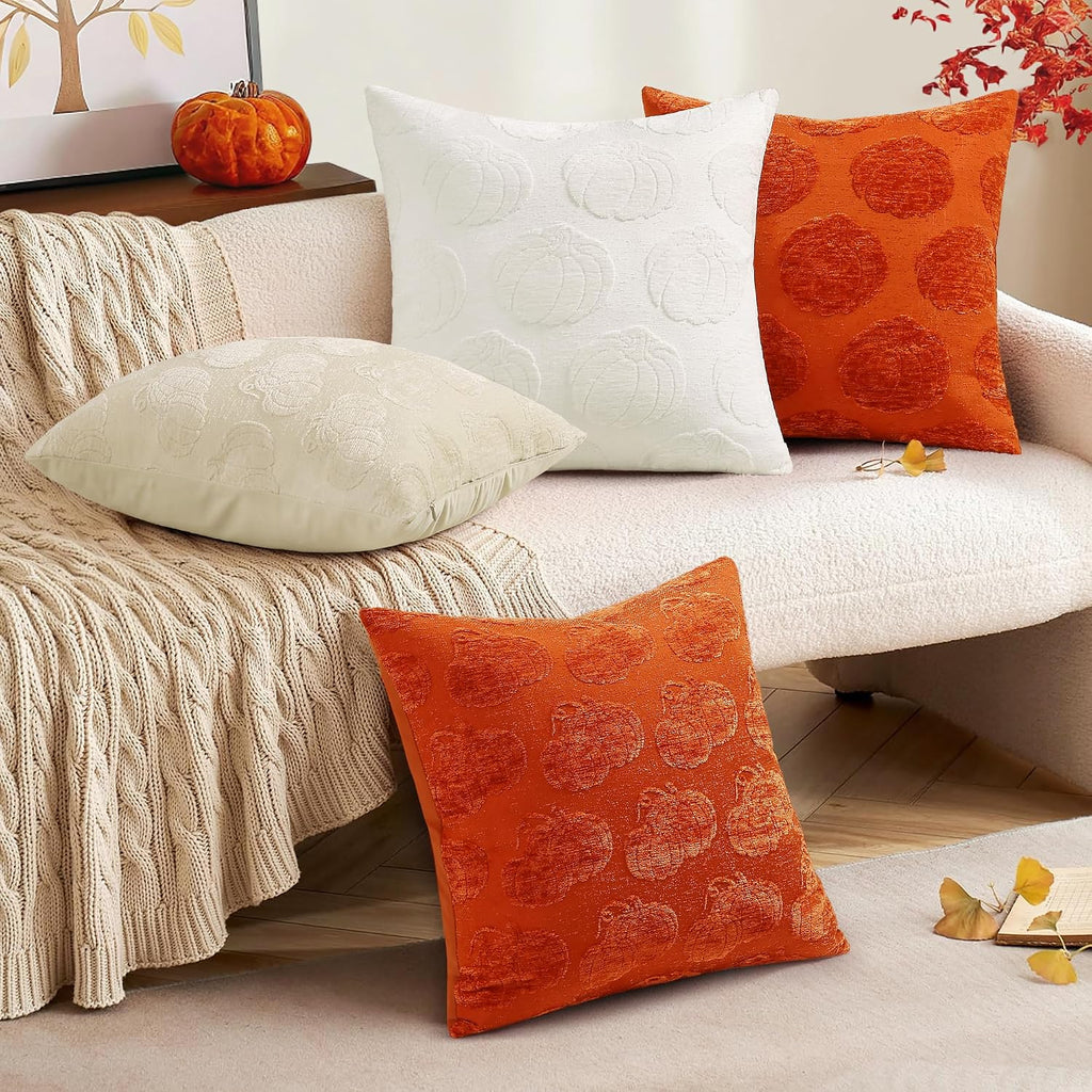decorUhome Decorative Rust Pumpkin Thanksgiving Throw Pillow Covers 20x20 Set of 2, Soft Chenille Jacquard Farmhouse Textured Pillow…