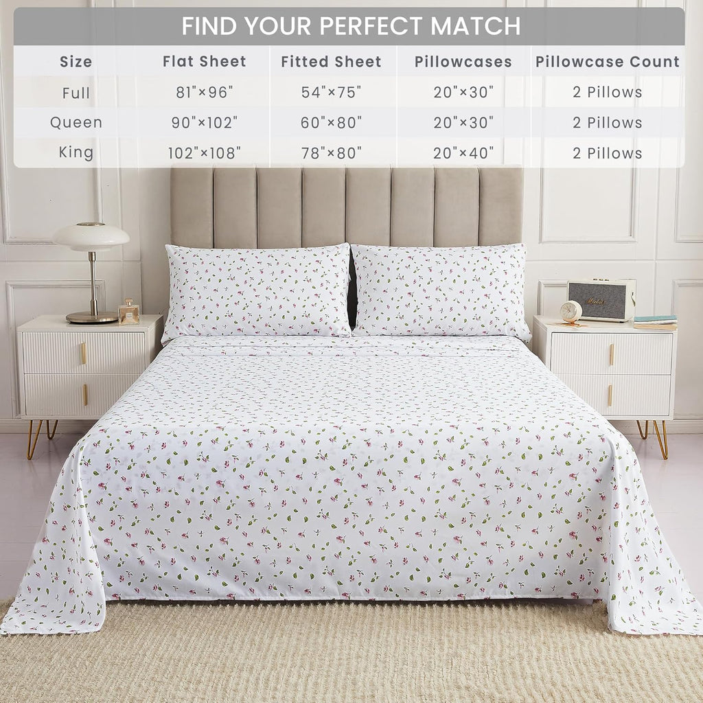 mooreeke Queen Sheets Set - 4 Pieces Soft Breathable Microfiber Bed Sheet Set - Pink Flower Green Leaf Pattern Sheet Set - Deep Pocket Non-…
