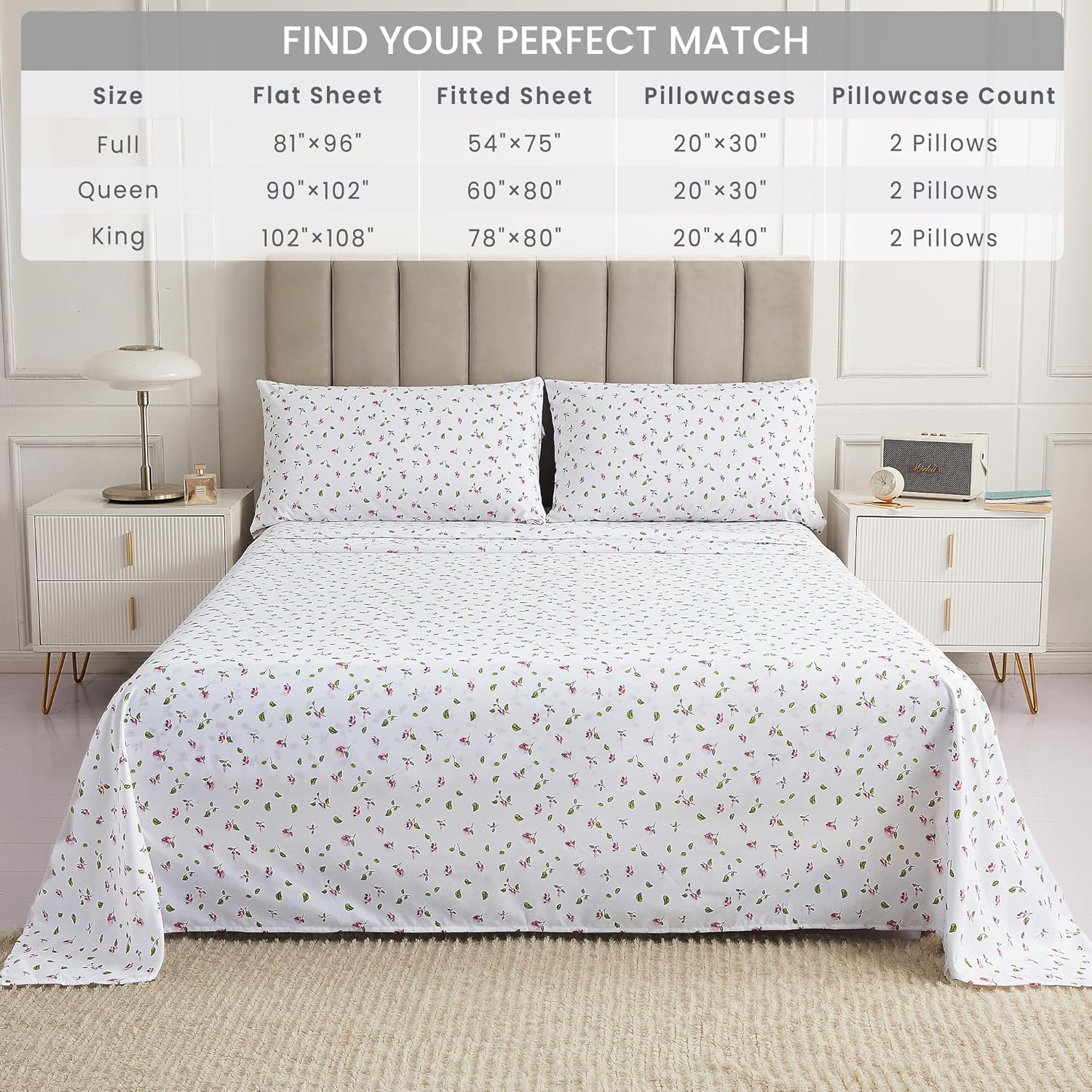 mooreeke Queen Sheets Set - 4 Pieces Soft Breathable Microfiber Bed Sheet Set - Pink Flower Green Leaf Pattern Sheet Set - Deep Pocket Non-…