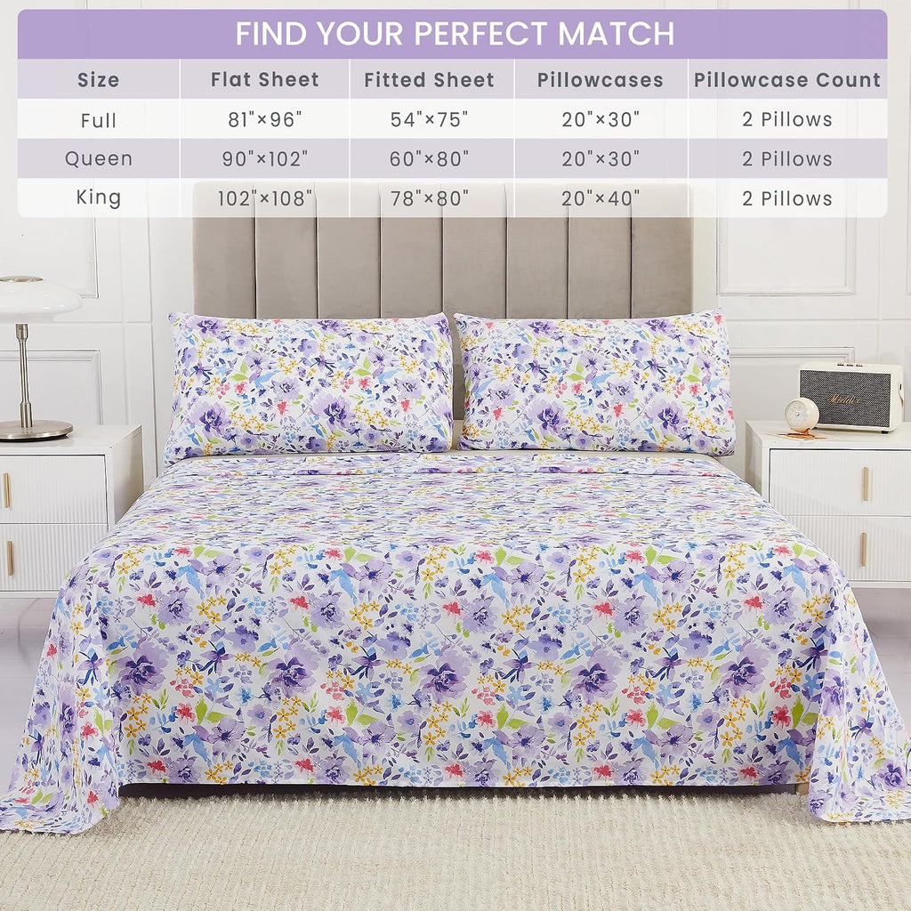 mooreeke Floral Queen Sheets, Soft Breathable Microfiber Vintage Printed Bed Sheet Set, Deep Pocket Non-Slip Fitted Sheet Included, Purple…