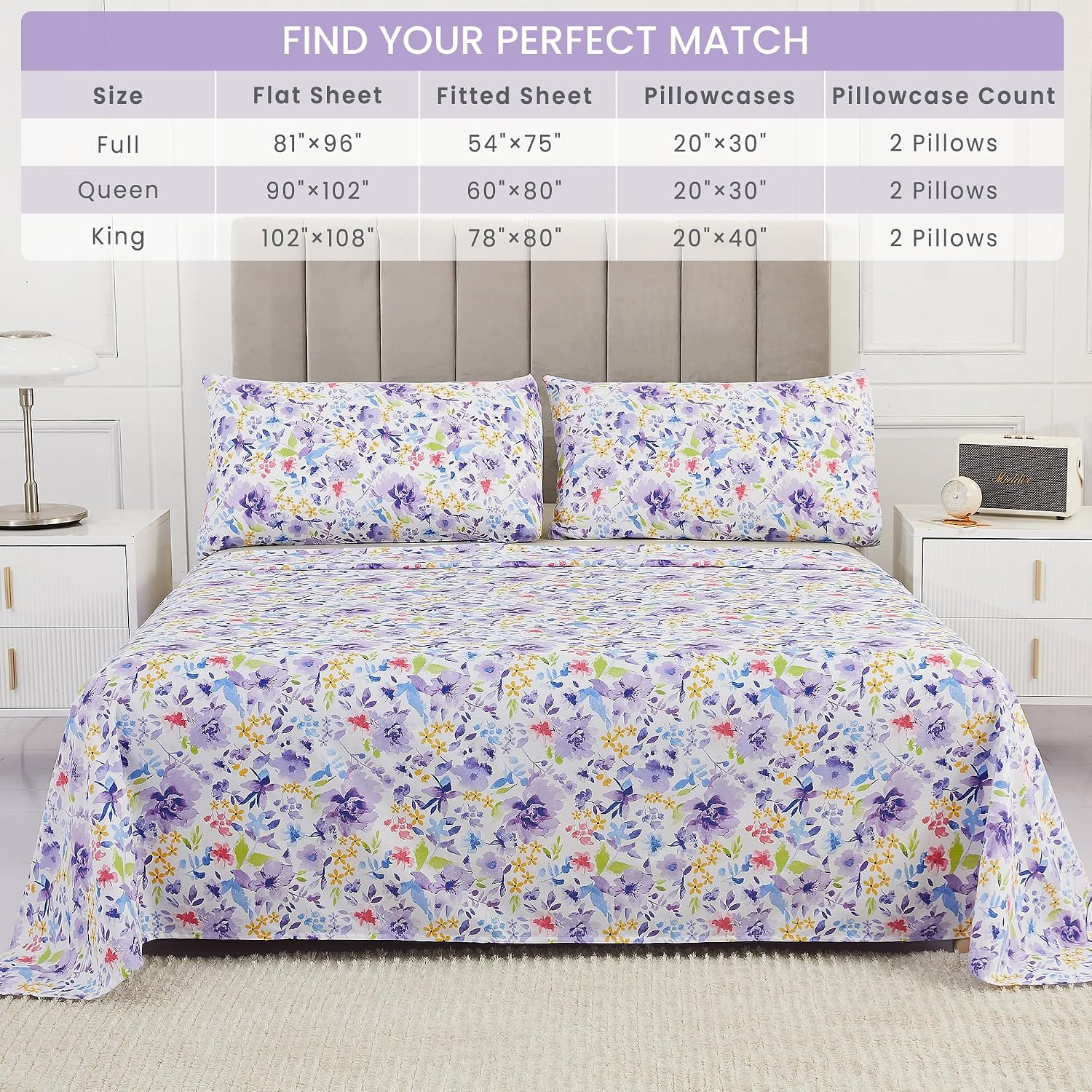 mooreeke Floral Queen Sheets, Soft Breathable Microfiber Vintage Printed Bed Sheet Set, Deep Pocket Non-Slip Fitted Sheet Included, Purple…