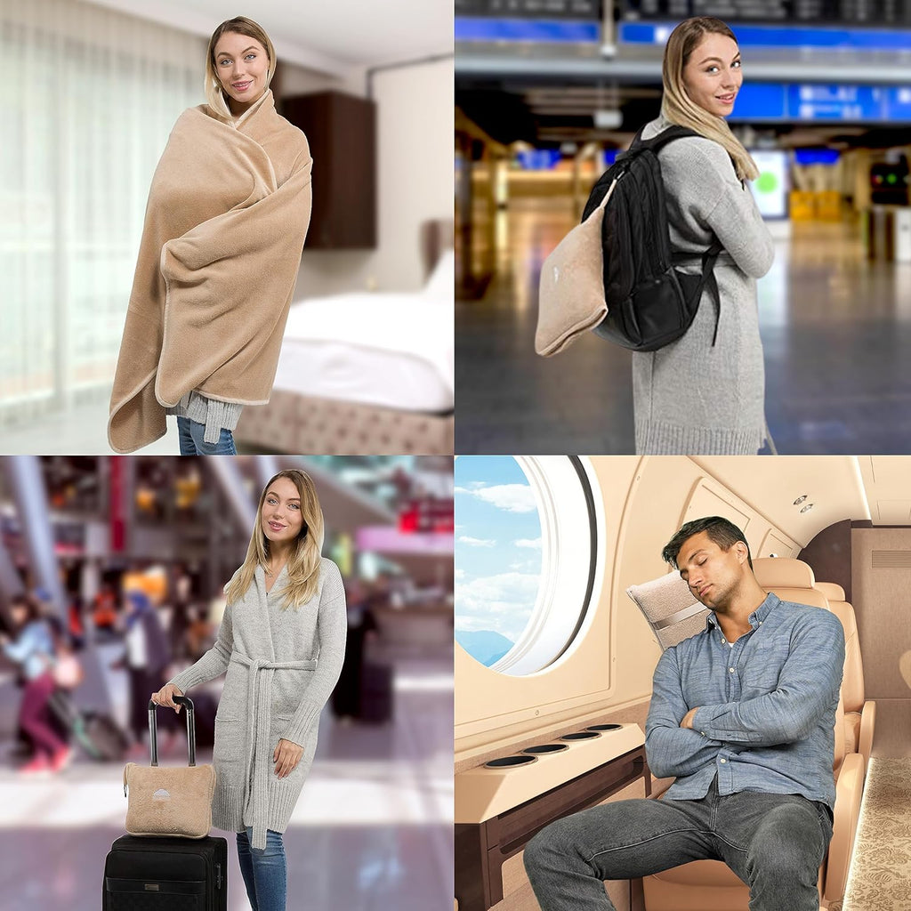 BlueHills Premium Soft Travel Blanket Pillow Airplane Blanket Packed in Soft Bag Pillowcase with Hand Luggage Belt Backpack Clip Compact…